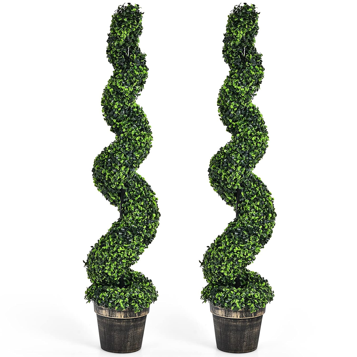 Goplus 4FT Artificial Spiral Boxwood Topiary Tree, 2 Pack Greenery Large Faux Plant in Cement-Filled Plastic Pot, Tall Fake Plant for Indoor Outdoor Home Front Porch Decor