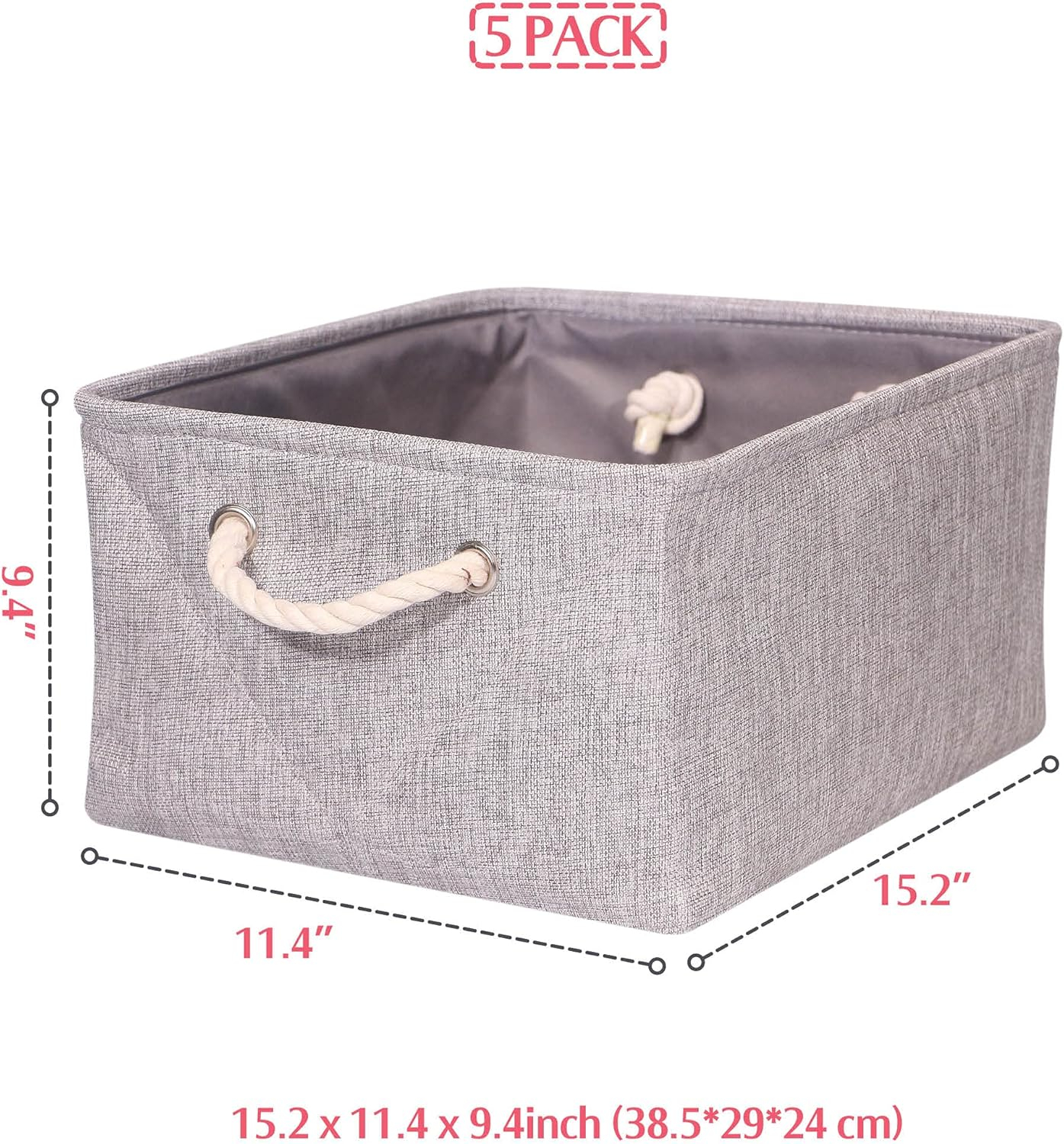 5 Pack Large Storage Basket Bin, Foldable Storage Cube Box Canvas Fabric Collapsible Organizer with Handles for Closet Home Office Clothes Shelf, Grey