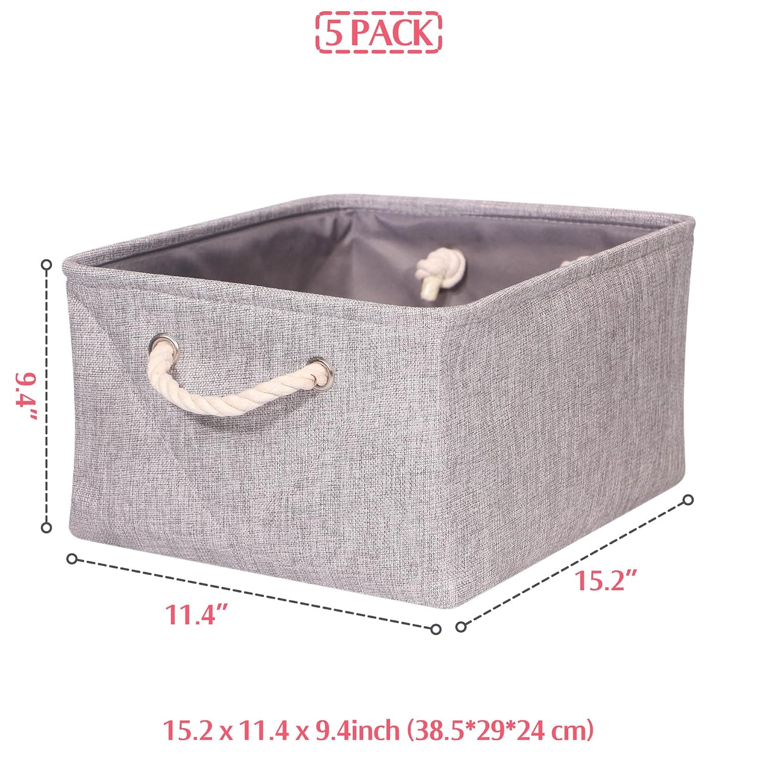 5 Pack Large Storage Basket Bin, Foldable Storage Cube Box Canvas Fabric Collapsible Organizer with Handles for Closet Home Office Clothes Shelf, Grey