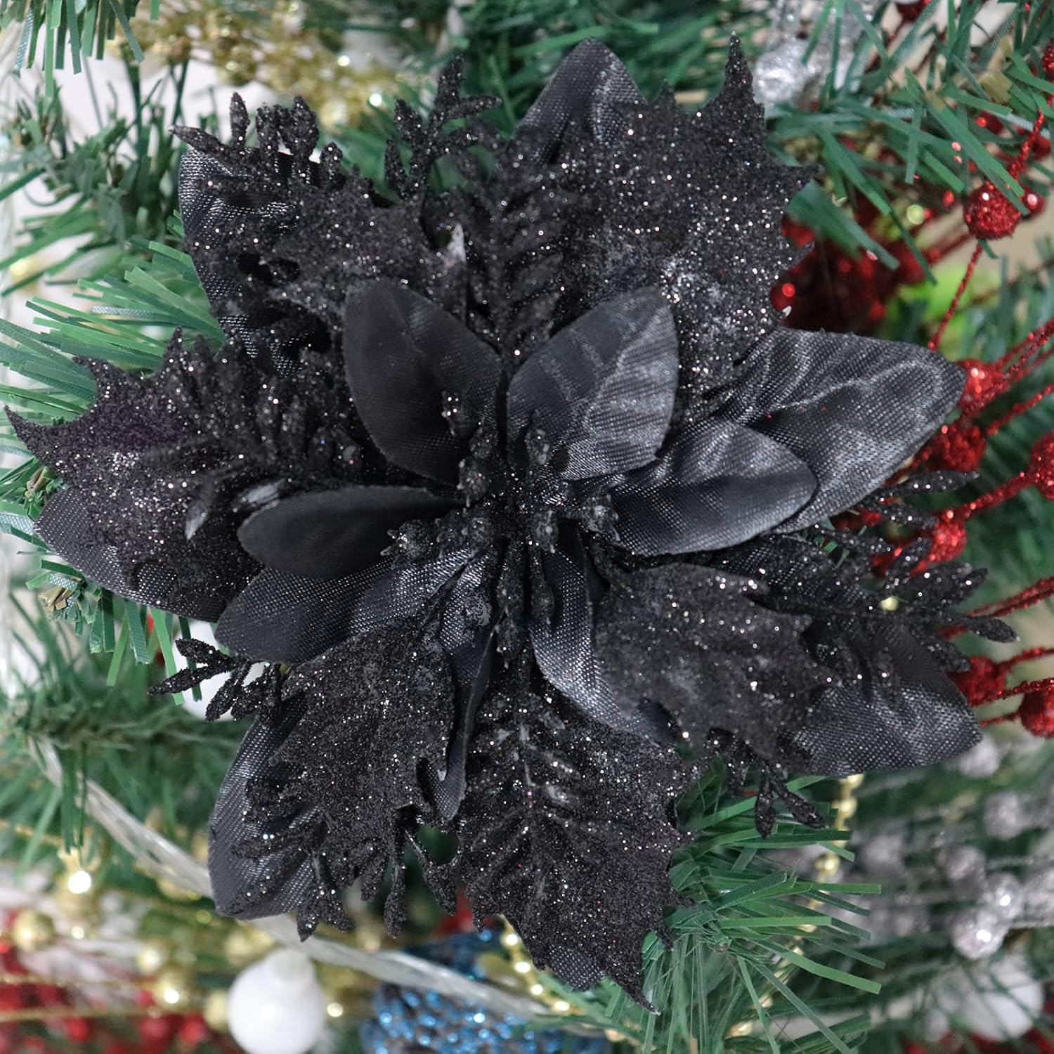Glitter Christmas Poinsettia Artificial Xmas Flower Ornaments Flowers Decorations with Clips and Stems Glitter Poinsettia Christmas Tree Ornaments for Christmas Wedding (Black,36 Pieces)