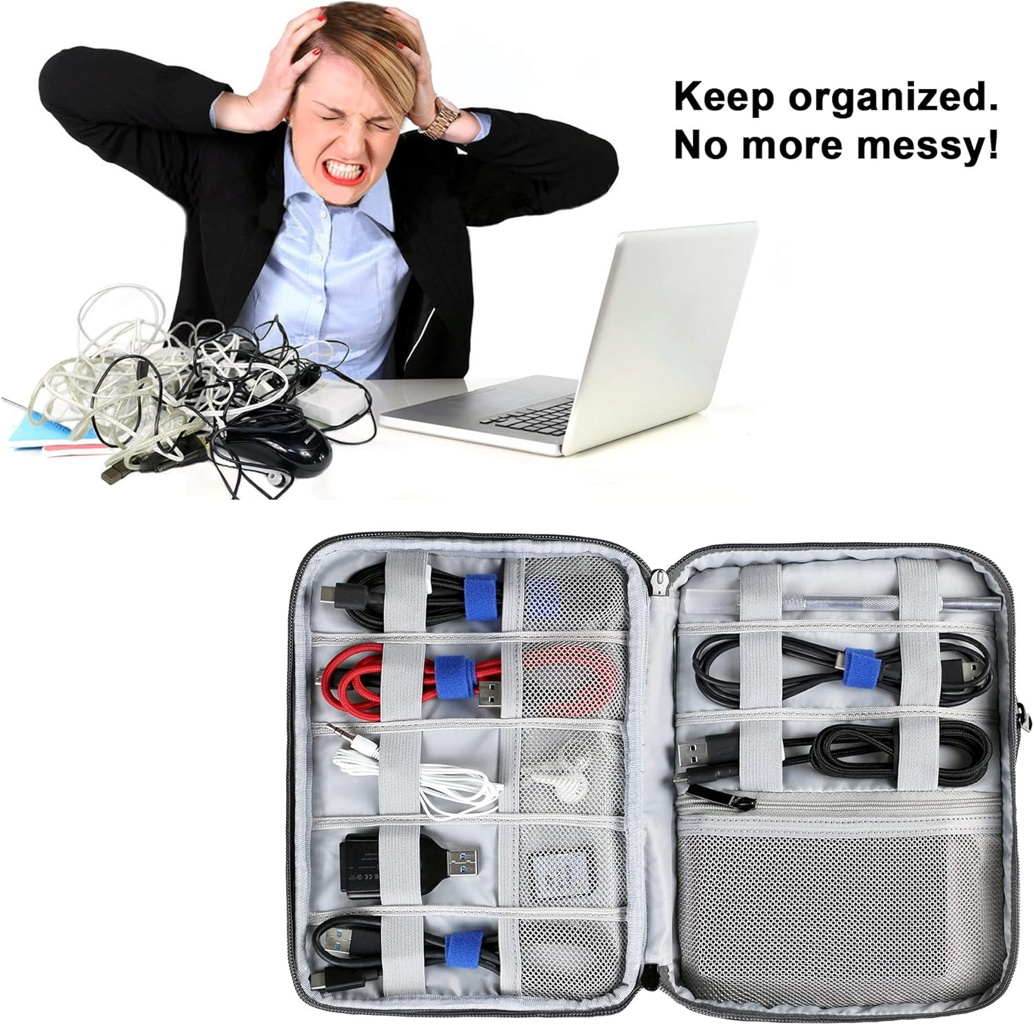 Travel Tech Organizer Bag Electronics Accessories Cable Shockproof Case Charger IT Cord Wire Water Resistant Double Layers Medium Pouch (Black)