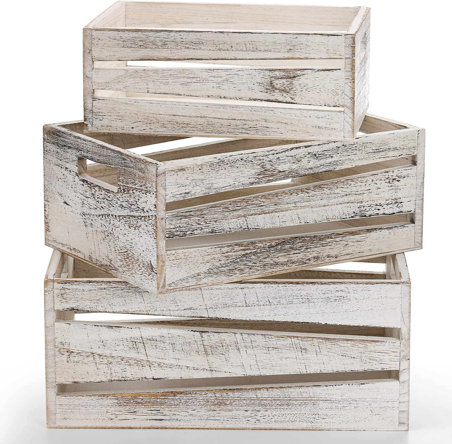 Admired By Nature Wooden Crates Storage Container, Rustic White Set of 3, Farmhouse Style Decorative Baskets for Home Decor, Rustic Decor, Nesting Stackable Organizers, Distressed Wood Crates C21
