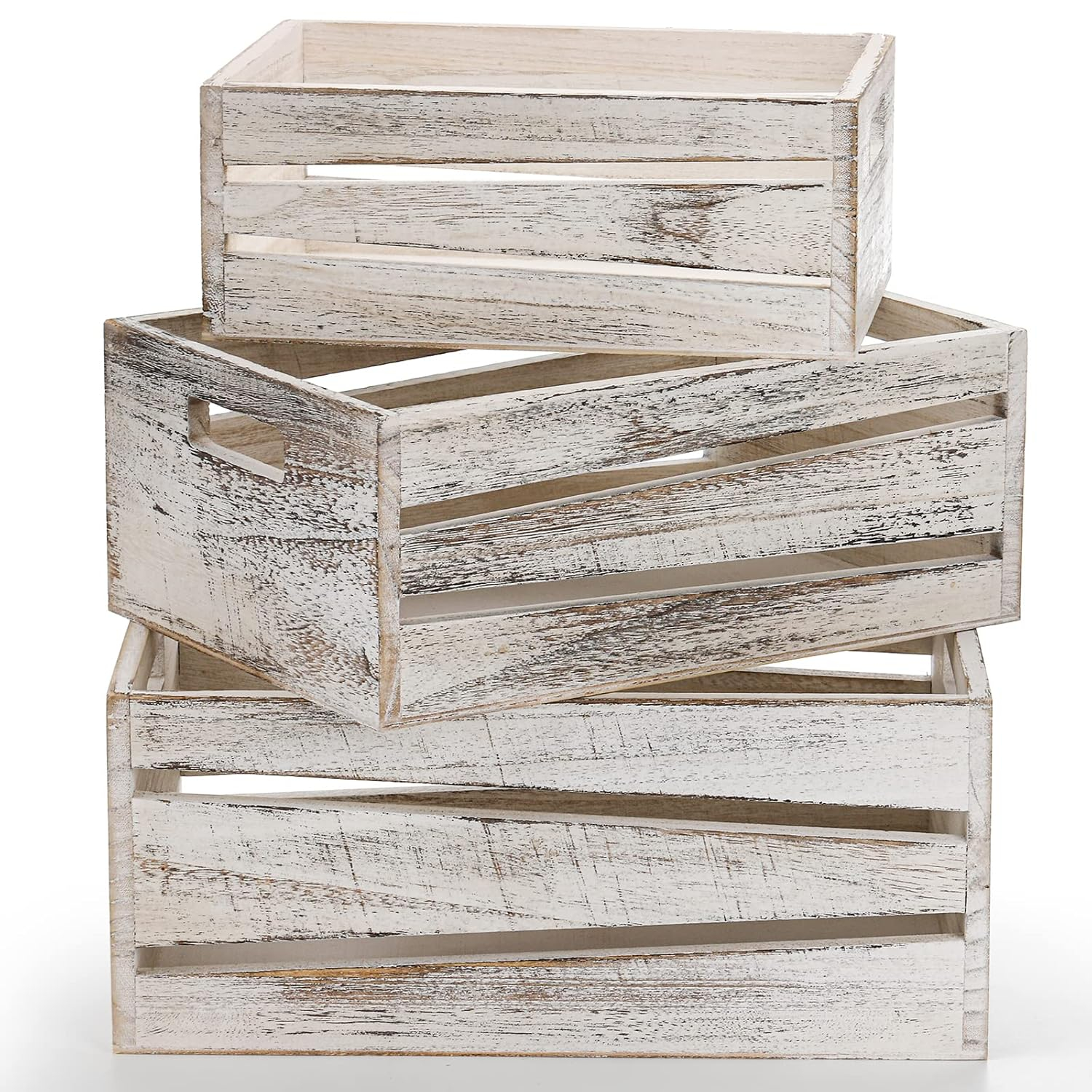 Admired By Nature Wooden Crates Storage Container, Rustic White Set of 3, Farmhouse Style Decorative Baskets for Home Decor, Rustic Decor, Nesting Stackable Organizers, Distressed Wood Crates C21