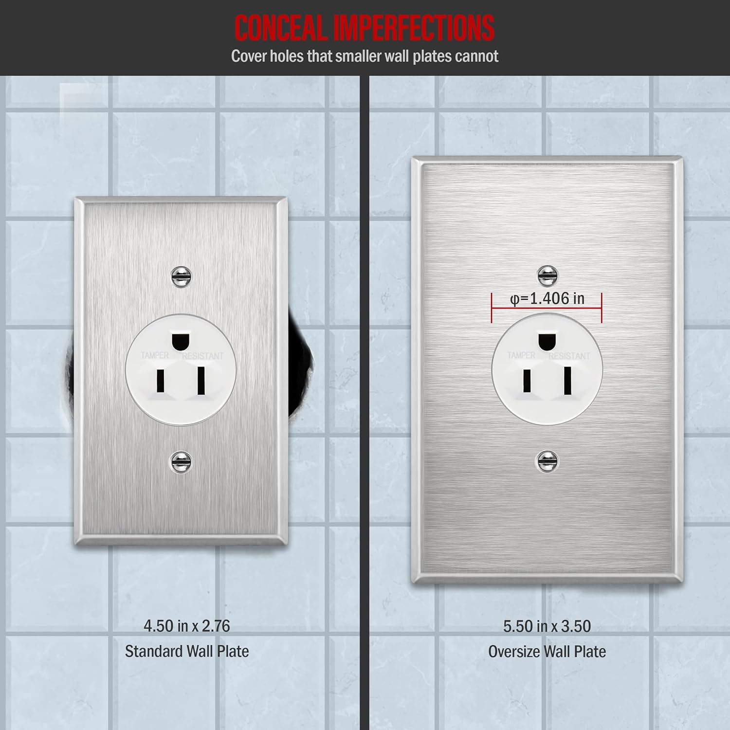 ENERLITES 1.406" Hole Single Receptacle Outlet Metal Wall Plate, Corrosive Resistant, Over Size 1-Gang 5.5" x 3.5", 7751O, 430 Stainless Steel, UL Listed, Silver