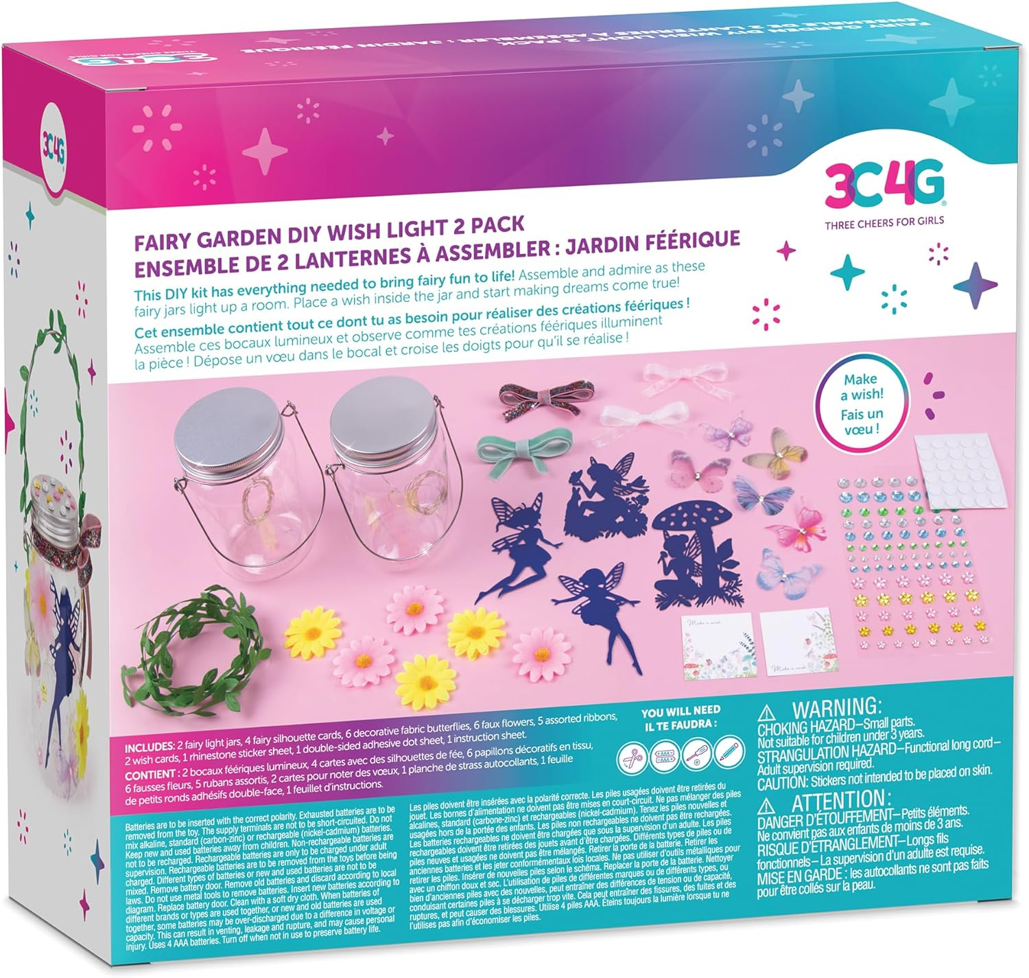 3C4G: Fairy Garden DIY Wish Light - Create 2 Fairy Light Jars, Customize w/ 4 Fairy Silhouettes, Lights Up, Tweens, Girls & Kids Ages 8+, Three Cheers For Girls