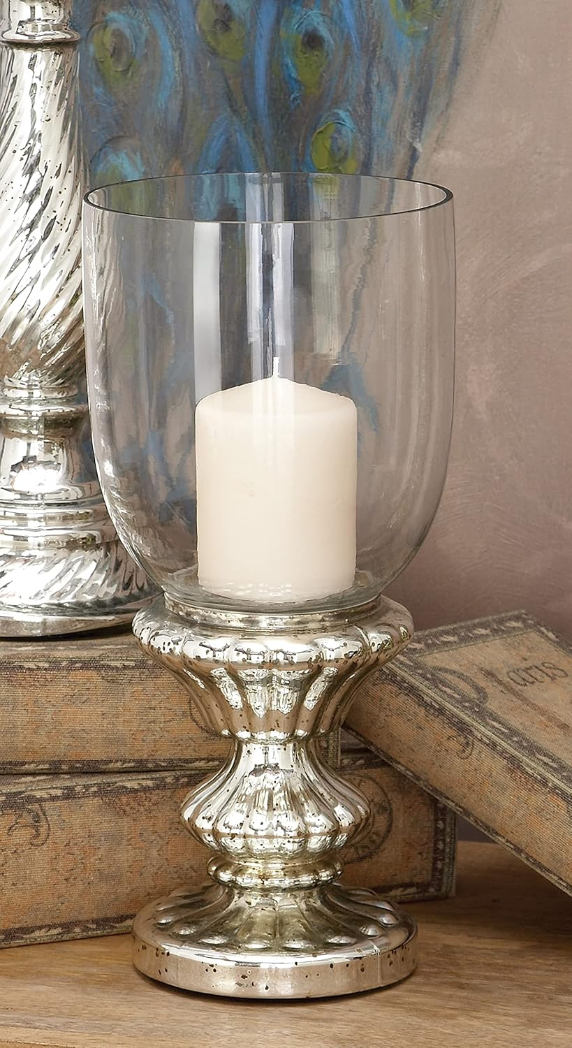 DecMode Silver Glass Handmade Turned Style Pillar Hurricane Lamp with Faux Mercury Glass Finish