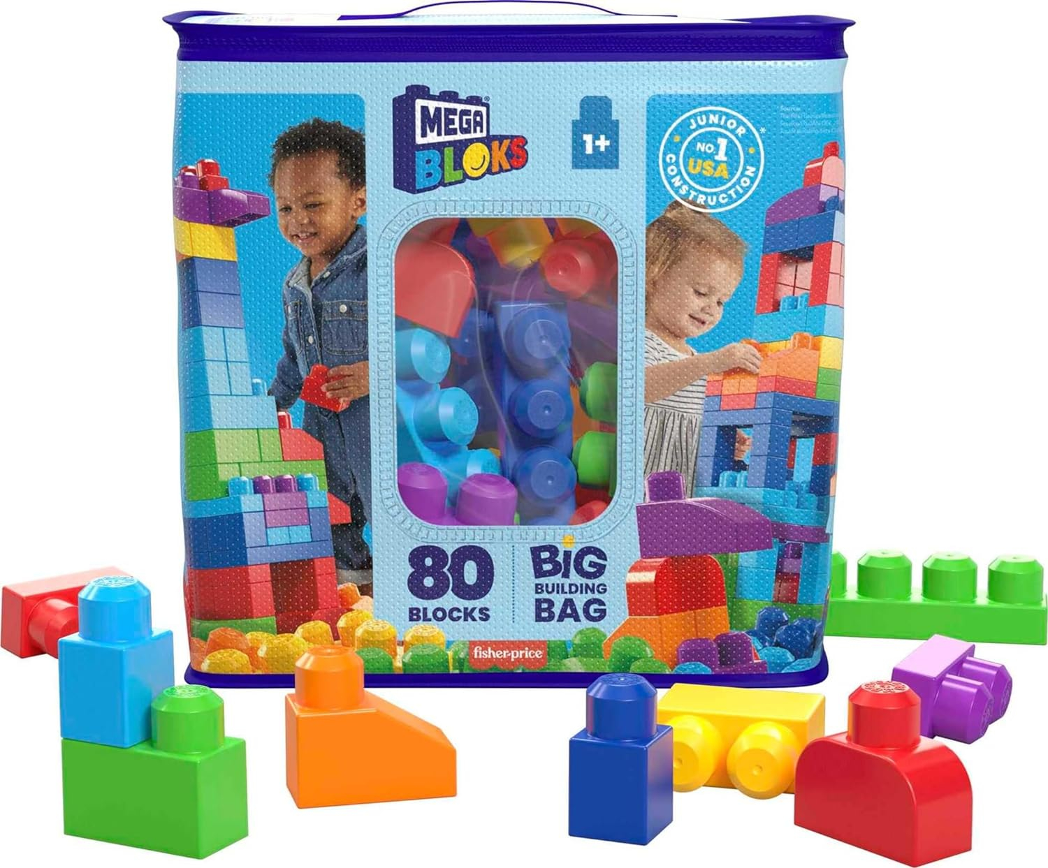 MEGA BLOKS Fisher-Price Toy Blocks Blue Big Building Bag with Storage (80 Pieces) for Toddler