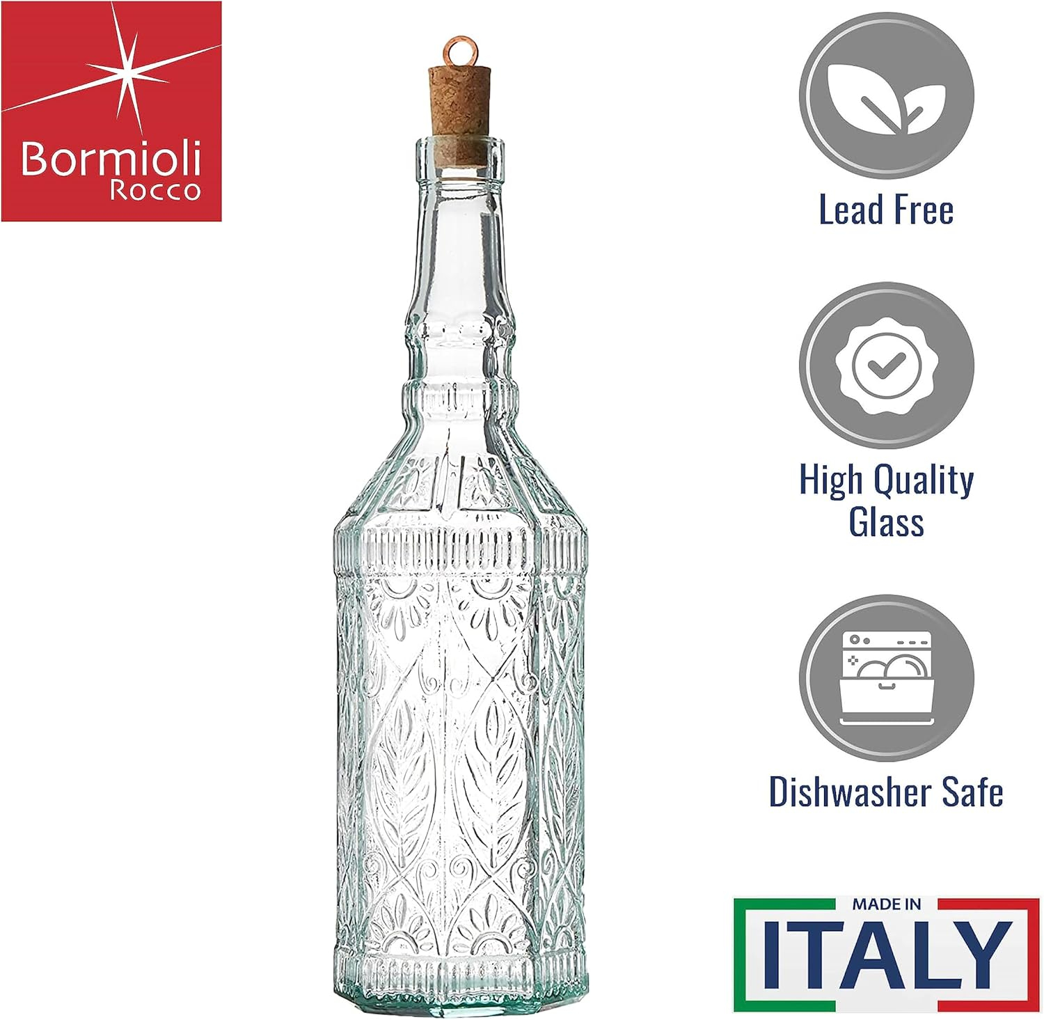 Bormioli Rocco Set Of 2 Country Home Fiesole Bottle, 24-ounce With All Natural Cork Lid, Blue-green Tinted Star Glass, Elegant And Floral Design Made In Italy