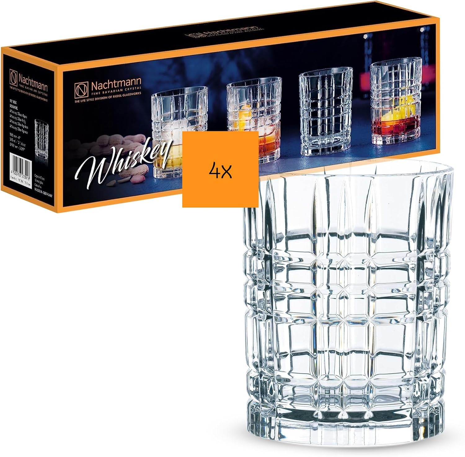 Nachtmann Square 11 Oz Whiskey Glass (Set of 4) - Crystal Double Old Fashioned Glasses, Modern Linear Rock Glasses for Cocktails & Bourbon, Dishwasher Safe Drinkware - Restaurant & Barware Essentials