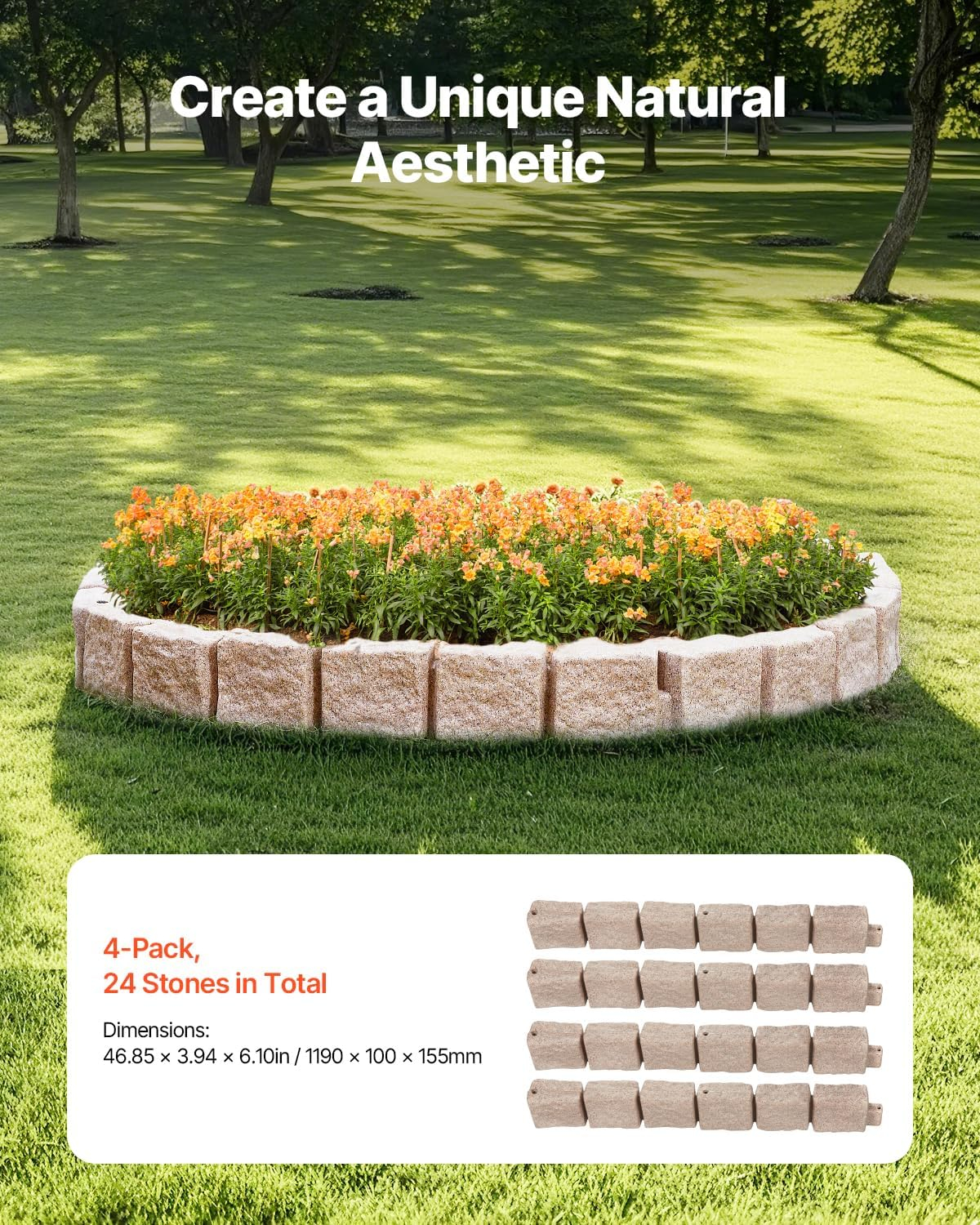 VEVOR Faux Stone Landscape Edging, No Dig Garden Edging Border, Flexible Blocks for Lawn Edging, Flower Beds, Driveway, Yards with 12 Spikes, 4 Pack 24 Bricks 16FT Kit, 46.9" Lx 4" W x 6" H, Beige