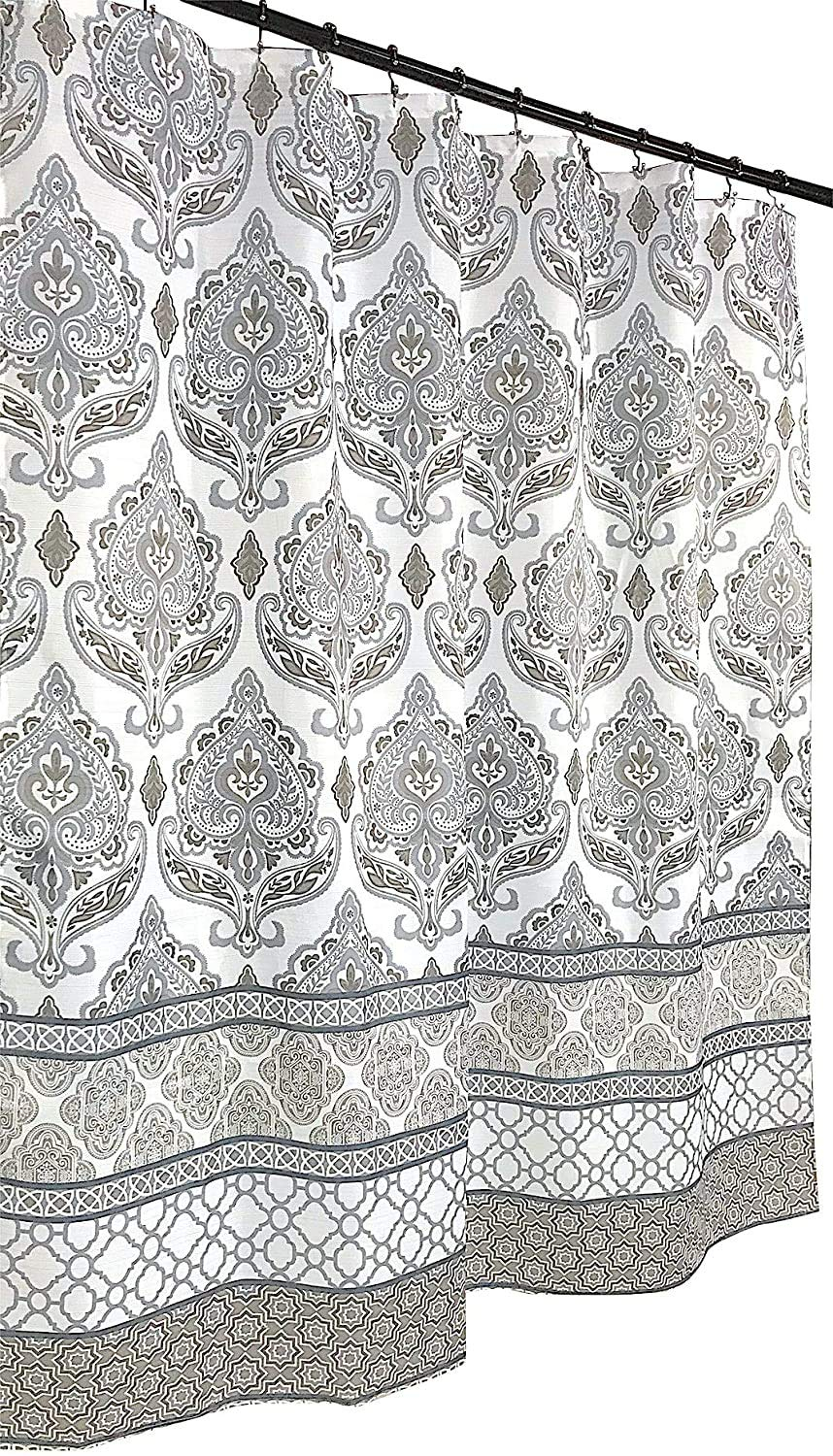 Grey Taupe White Fabric Shower Curtain: Floral Damask with Geometric Border Design (Darian) New Without Packaging 70" x 72" inches.