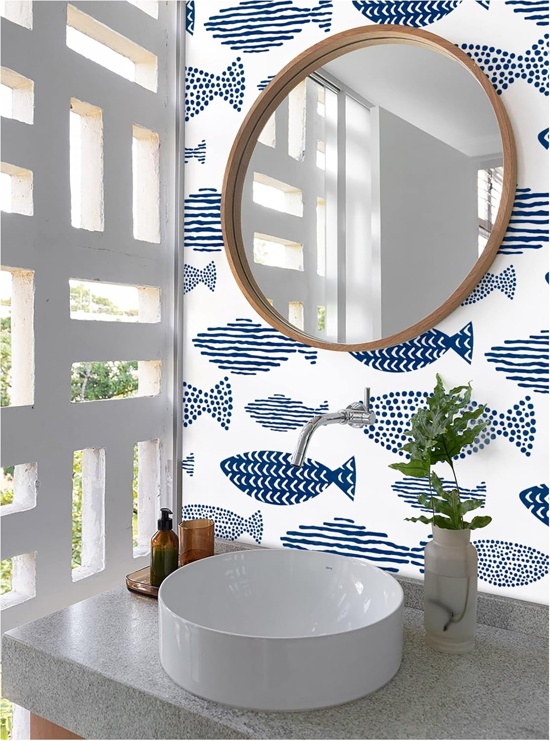 HAOKHOME Peel and Stick Wallpaper Coastal Fish Abstract Underwater World Trellis Navy Blue Removable Contact Paper for Home Bathroom Decorations 17.7in x 32.8ft