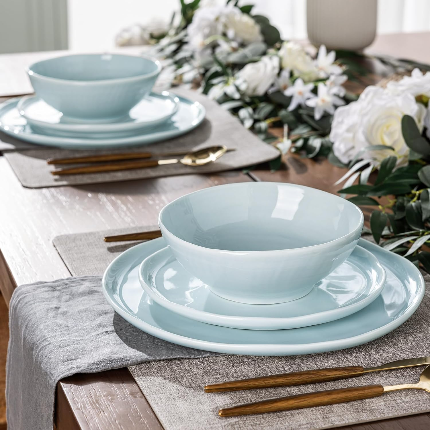 Hokku Designs Ceramic Dinnerware Sets For 6,Plates And Bowls Sets With Wavy Edge,Microwave & Dishwasher & Oven Safe,Light Weight & Scratch Resistant Dishes Sets-Service For 6 (18Pcs)-Light Jean Blue
