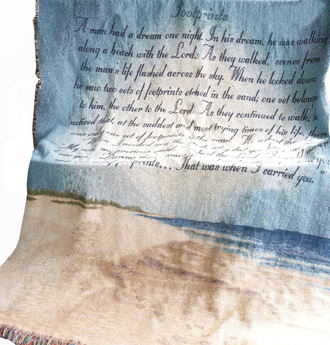 Inspirational Beige and Blue Cotton Tapestry Throw Blanket