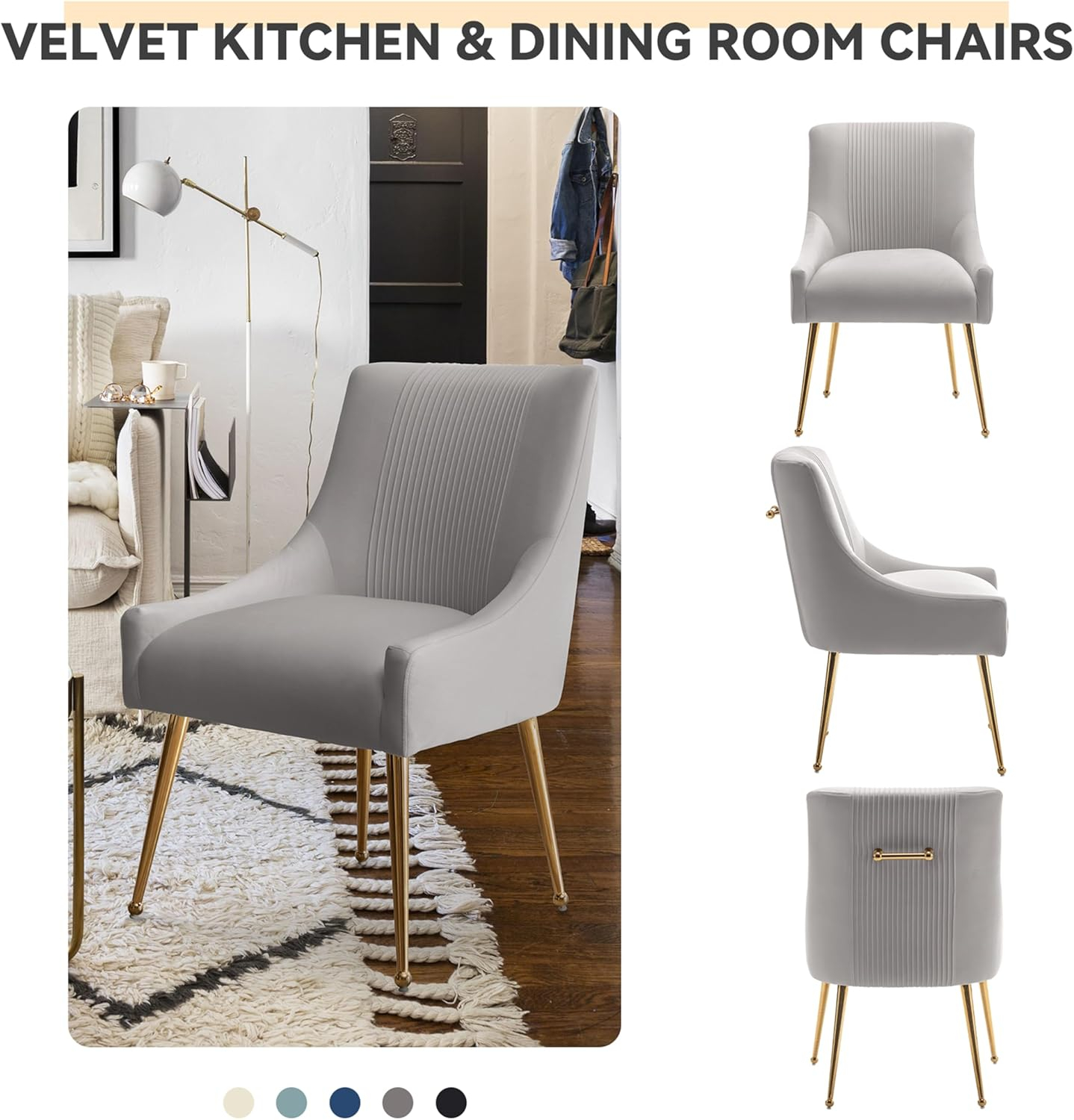Dining Chairs,Modern Living Room Chairs, Velvet Upholstered Dining Room Chairs with Gold Legs,Tufted Accent Chair Set of 6 for Reception Room Bedroom Study Room(Grey)