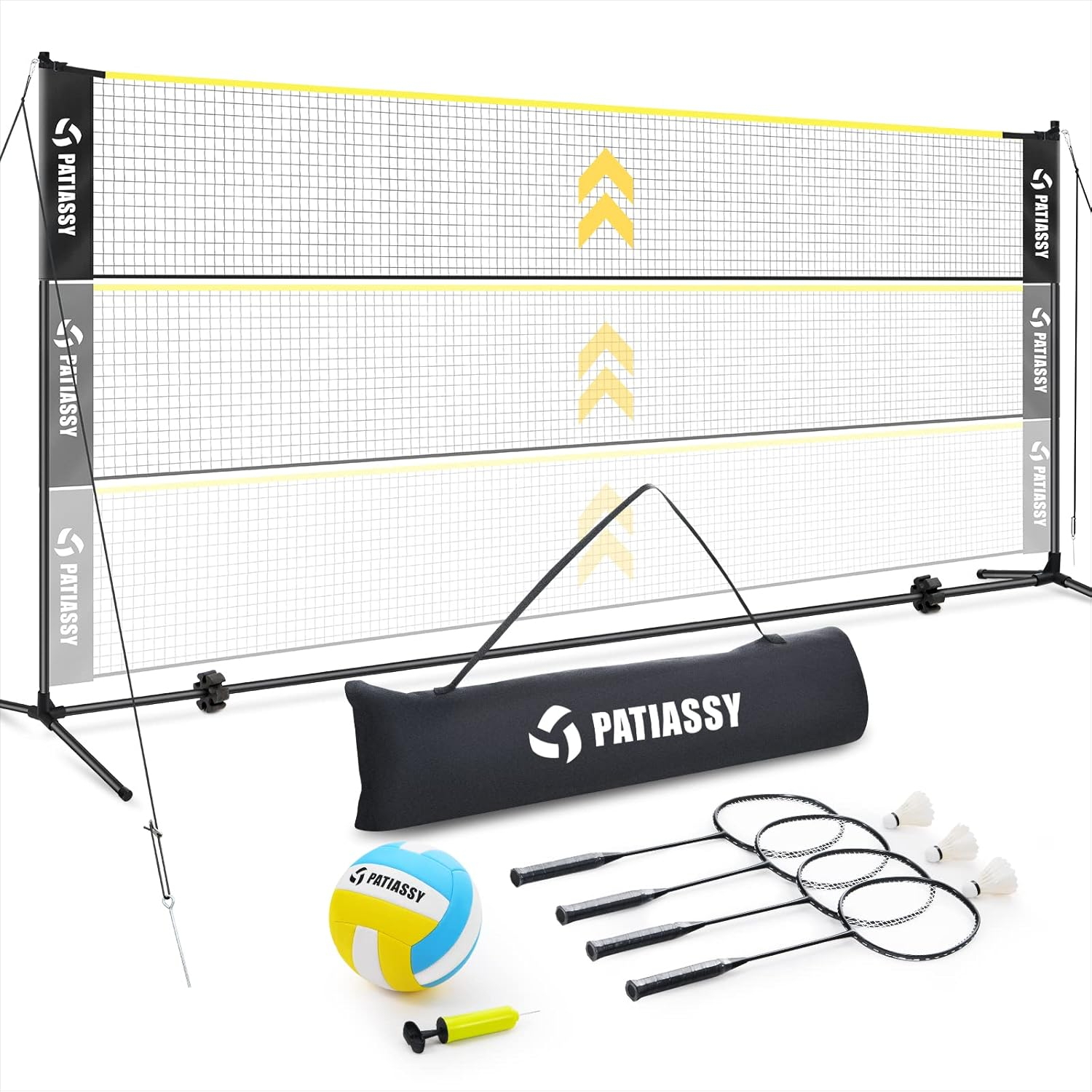 17FT Badminton Volleyball Combo Net Set for Backyard, 5.1ft-7.4ft Adjustable Heigh Portable Sports Net with Poles, 4 Badminton Rackets, 3 Shuttlecocks and Volleyball for Driveway Game