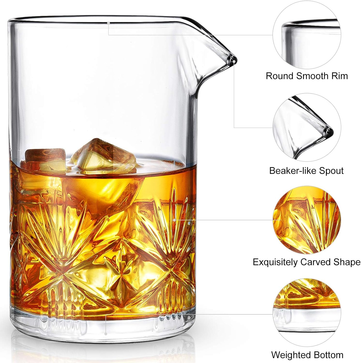Cocktail Mixing Glass, veecom 18oz Crystal Bartender Kit, 3 Piece Old Fashioned Cocktail Set with Strainer, Jigger, Bar Tools Cocktail Shaker Set, Cocktail Mixer Stirring Glass