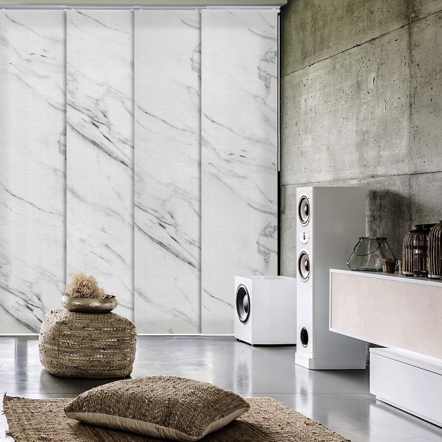 GoDear Design 4-Panel Single Rail 23-in Slat Width 86-in x 96-in Cordless Statuario Fabric Room Darkening Vertical Blinds