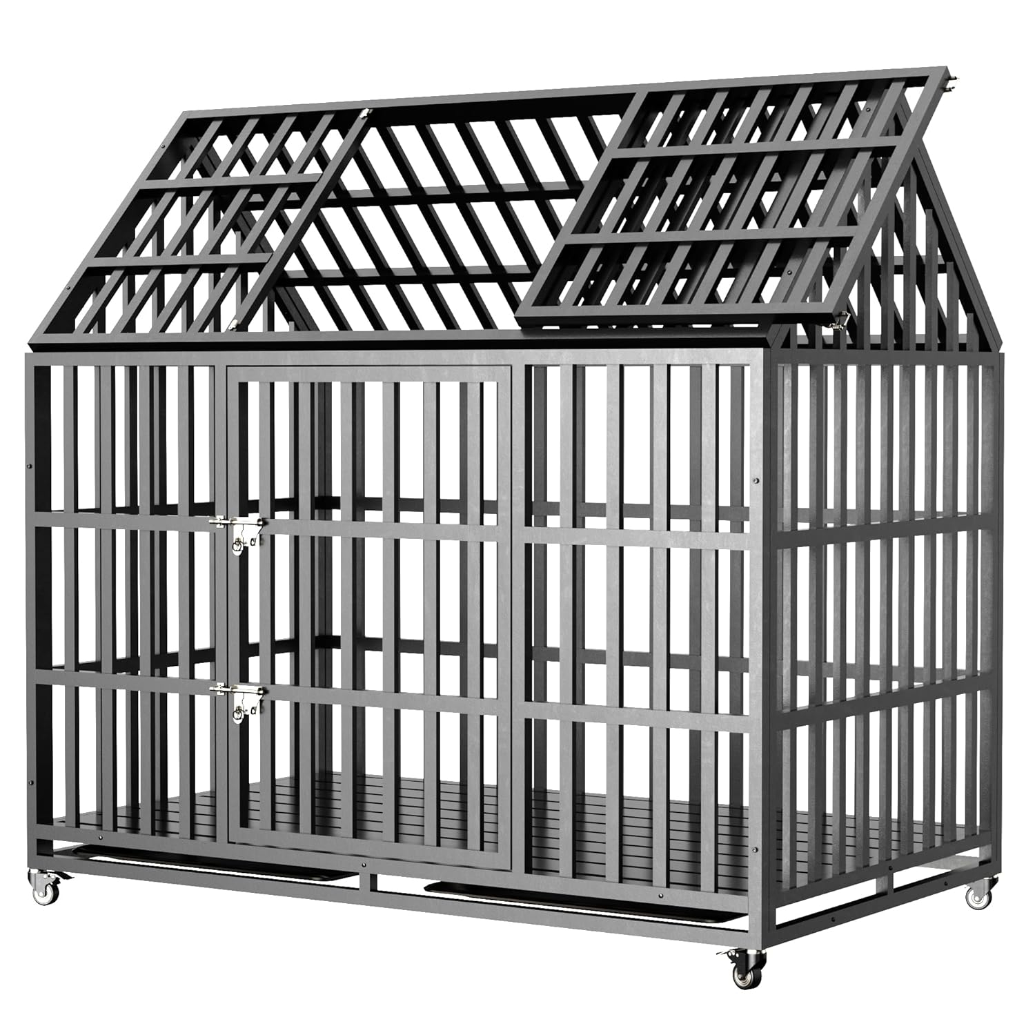 52" Heavy Duty Dog Crate Large Dog cage Strong Metal Dog Kennels and Crates for Large Dogs with 4 Lockable Wheels