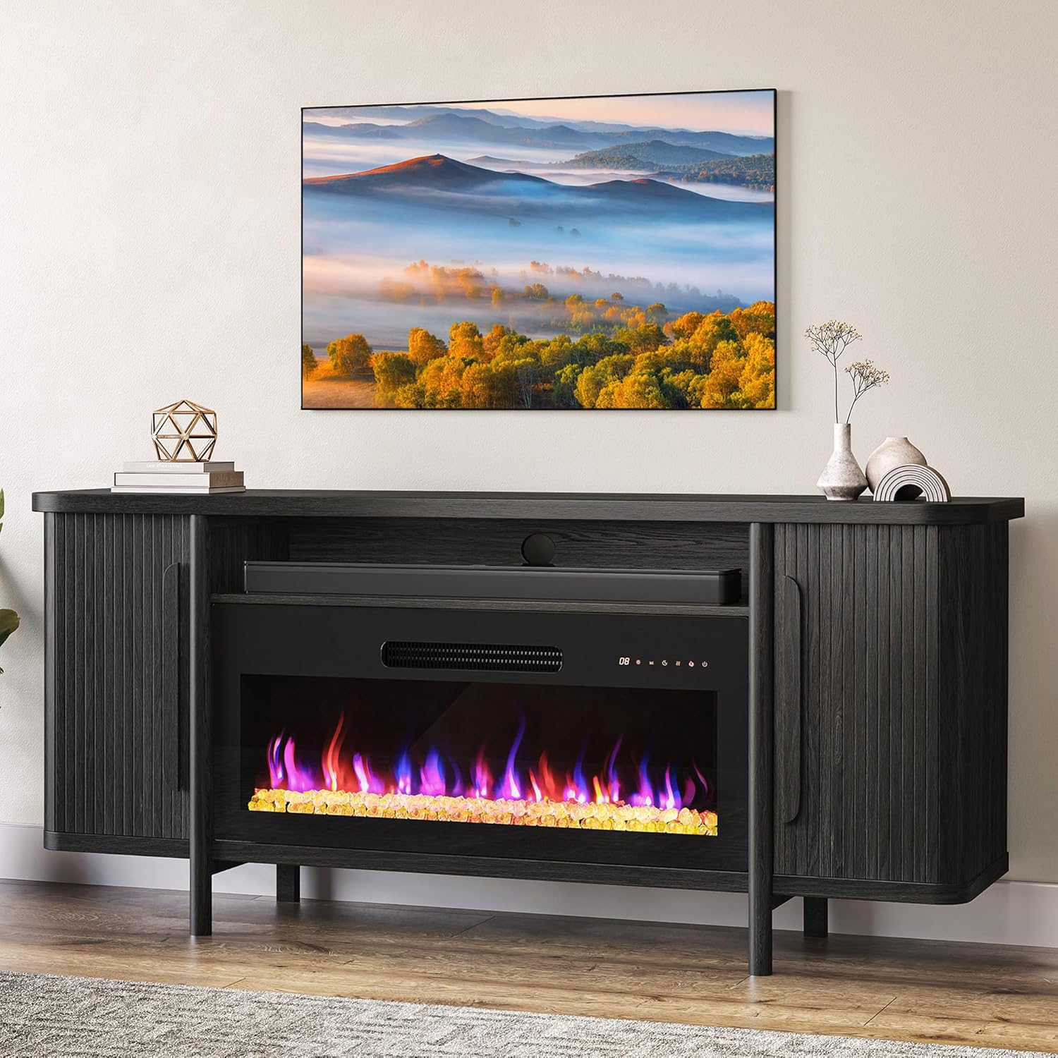 BELLEZE Durable Adjustable Shelves Television Stands, Wood Black, 66.00 x 15.40 x 30.20 Inches