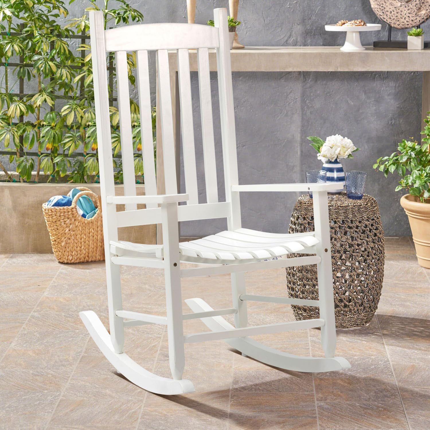 OverPatio Outdoor Porch Rocker/Rocking Chair Wood, Patio Wood Rocker, Woode n Furniture Seat for Living Room, Sitting Room, White