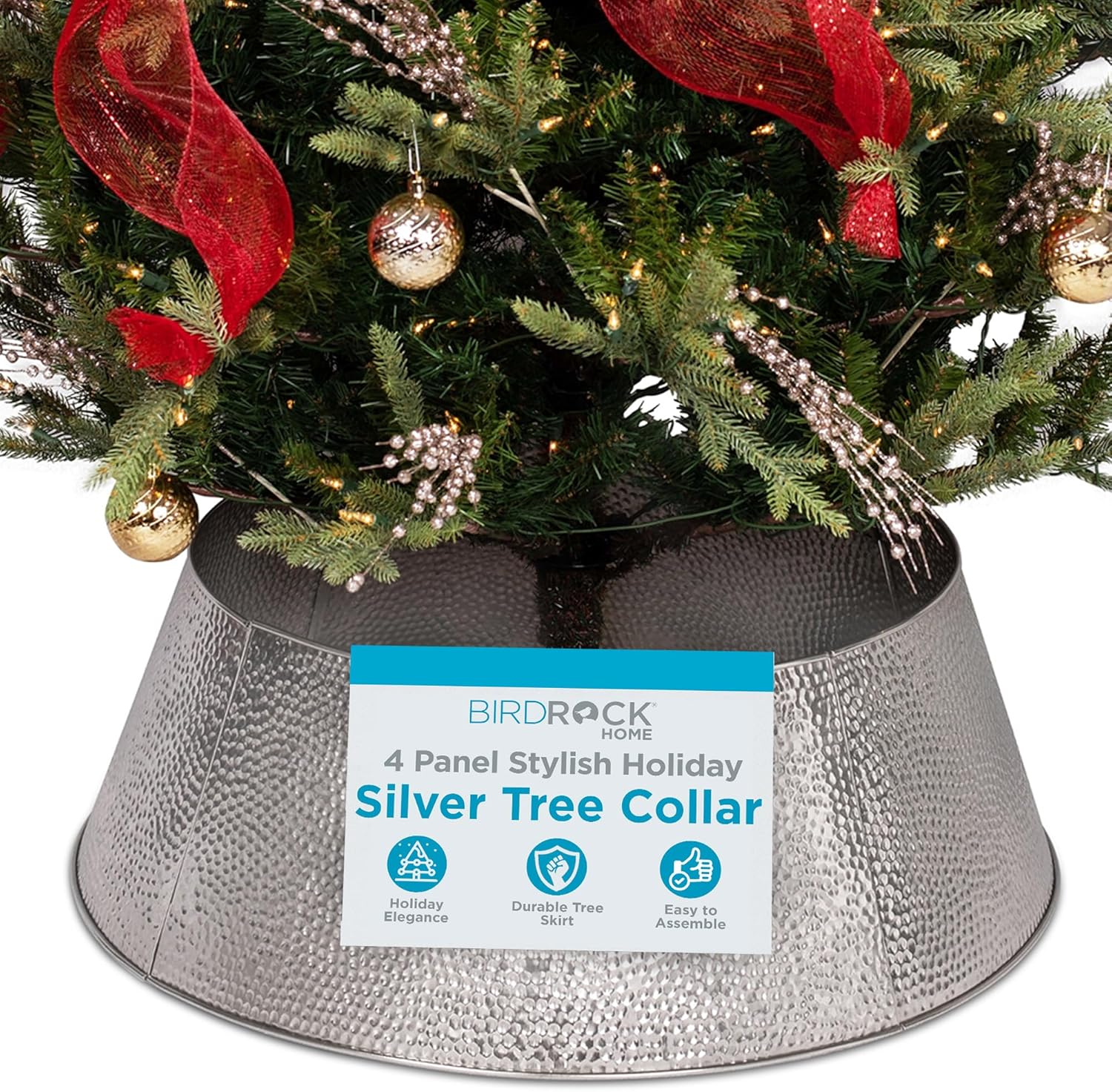 BIRDROCK HOME 4-Panel Christmas Tree Collar - Silver - Hammered