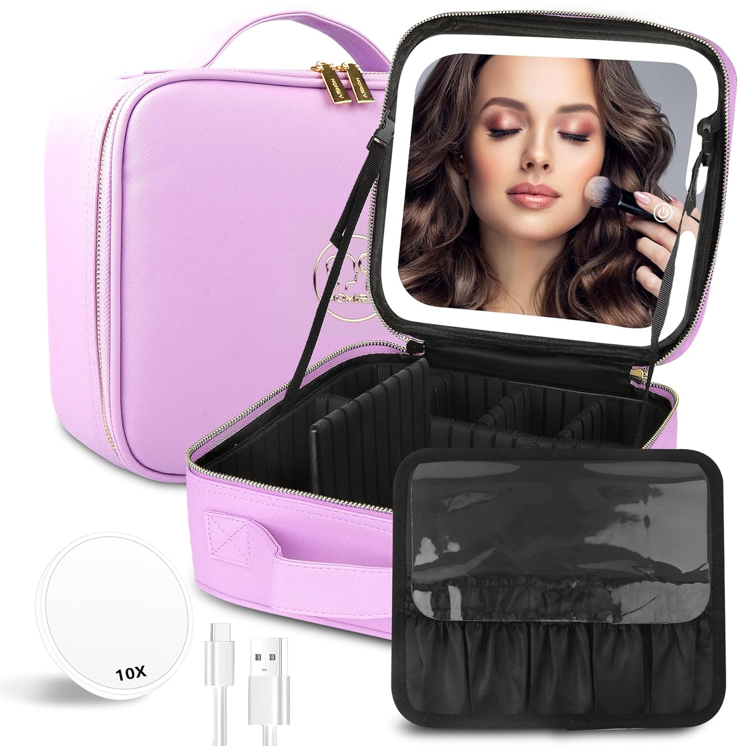 MOMIRA Travel Cosmetic Train Case with Lighted Mirror 3 Color Scenarios Cosmetic Bag Organizer with Adjustable Dividers Makeup Storage for Women, Makeup Accessories & Tools Case Purple