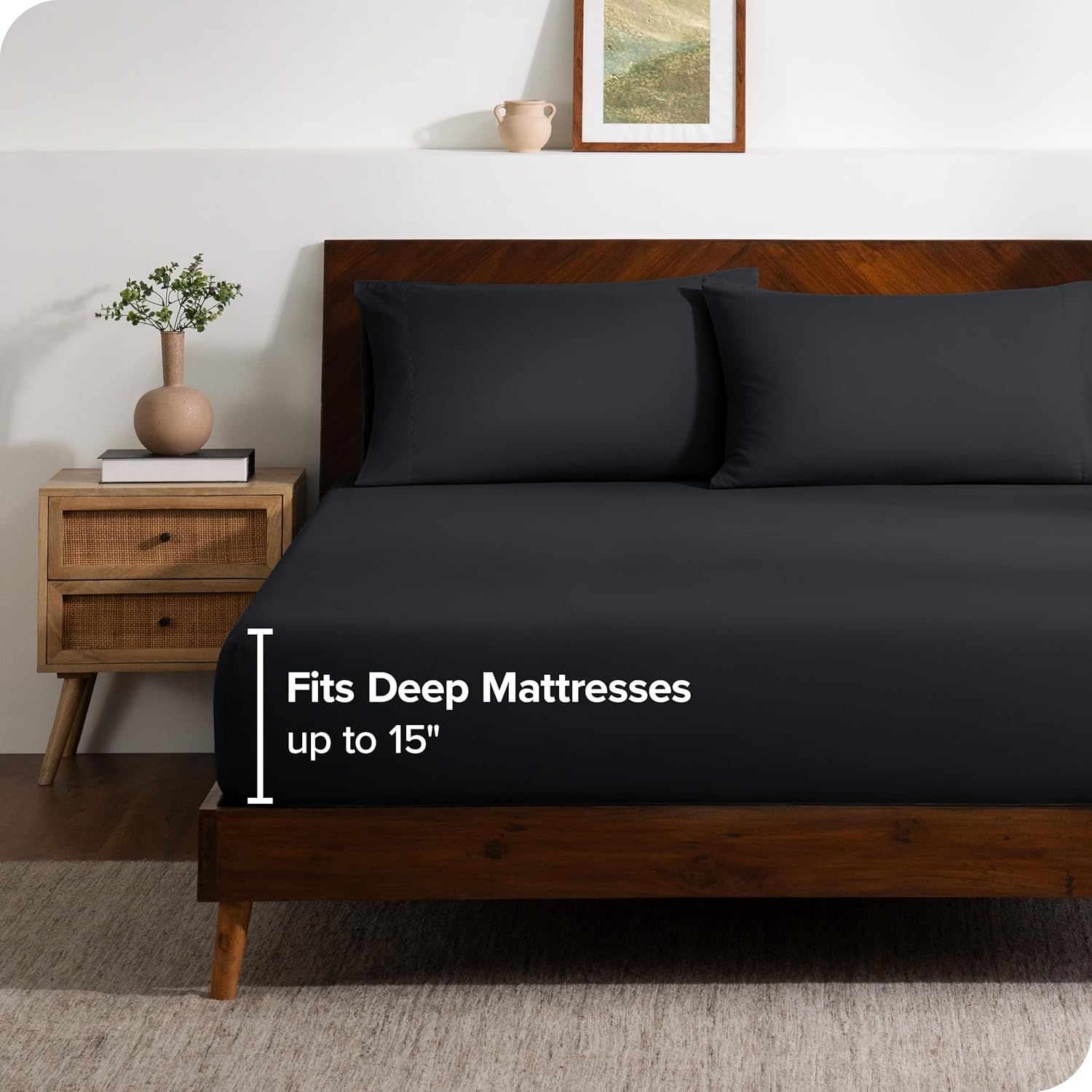 Bare Home Ultra-Soft Fitted Sheet + Pillowcase Set - Premium 1800 Collection - Deep Pocket - Queen, Black