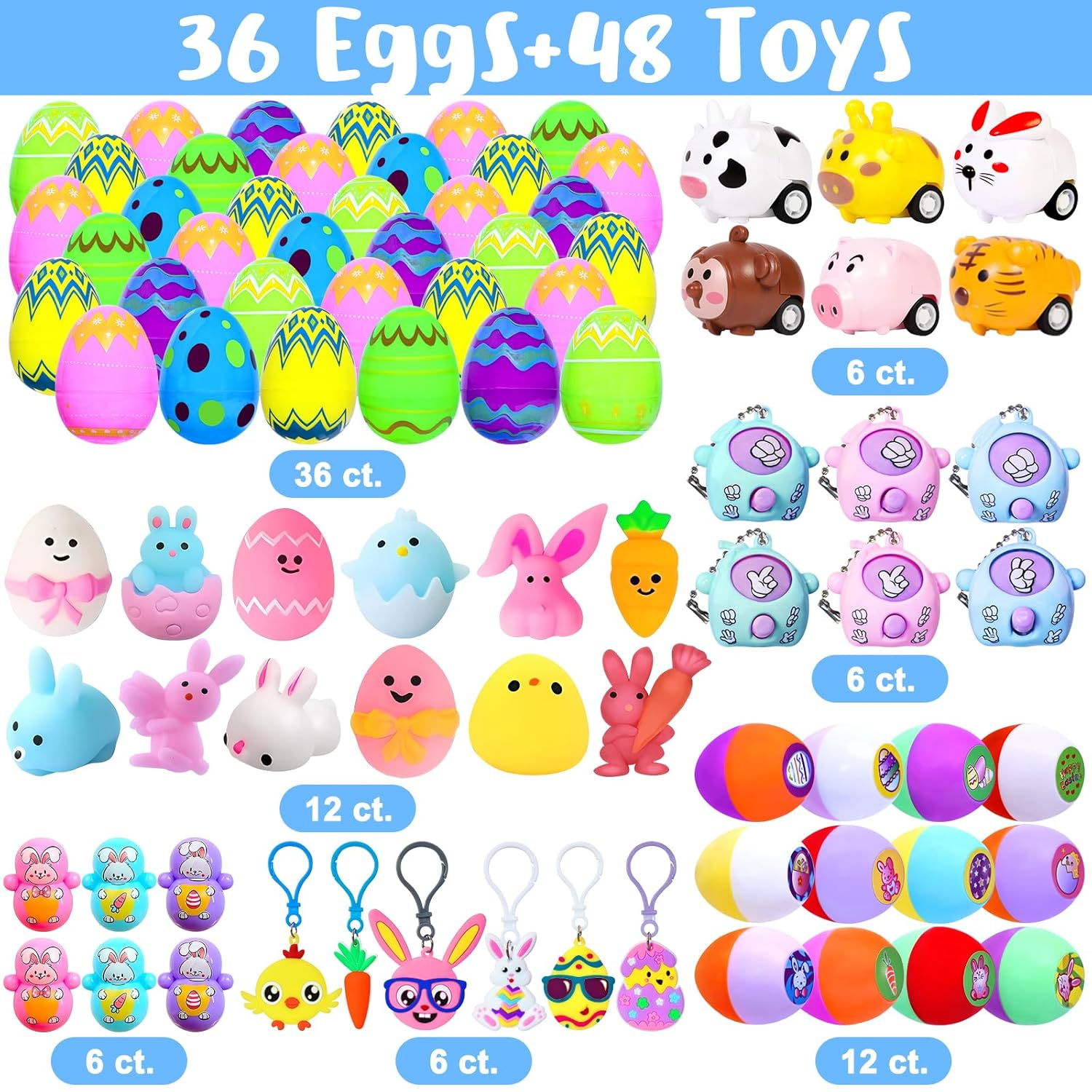 48 Pack Easter Egg Fillers, Basket Stuffers with Assorted Squishies and Stampers,Easter Party Favors, Egg Hunt, Gift Classroom Prize for Kids Boys Girls