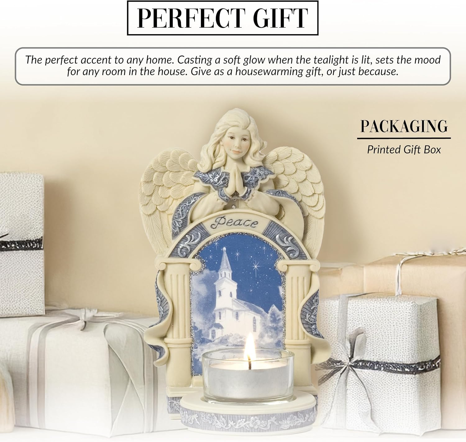 Pavilion Gift Company Angel w/Church Scene Figurine, Off-White, Blue