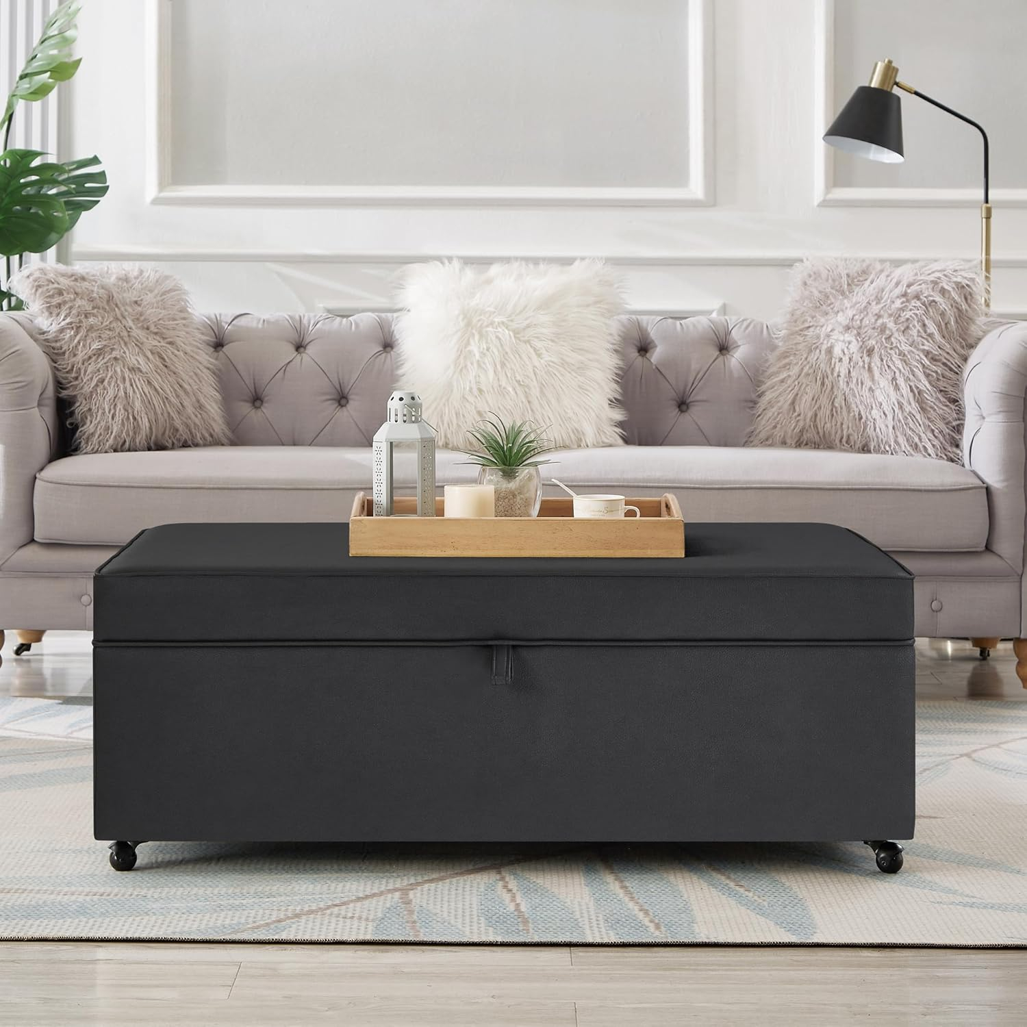 Dark Gray Faux Leather Storage Ottoman Bench with Wheels
