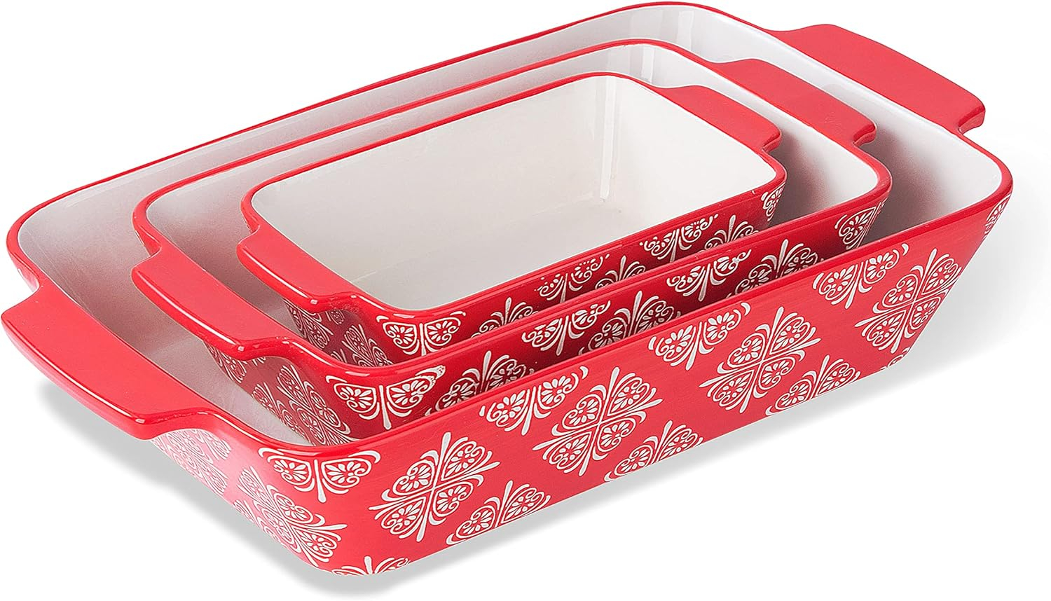 SWEEJAR Rectangular Ceramic Bakeware Set, Non-Stick Roasting Pan with Handles Baking Dishes,Casserole Pans for Cake Dinner, Set of 3 - Red