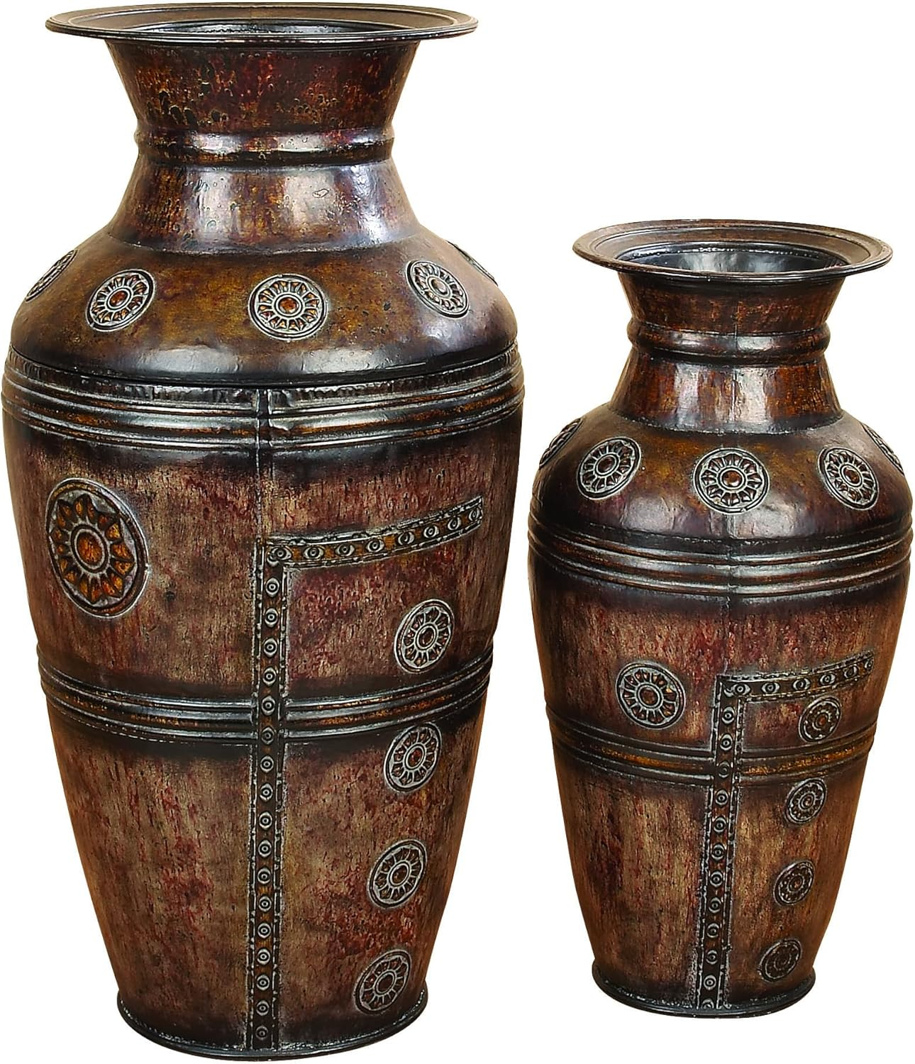 Deco 79 Metal Decorative Vase Indoor Outdoor Large Centerpiece Vases with Floral Relief, Set of 2 Flower Vases for Home Decoration 29", 22"H, Brown
