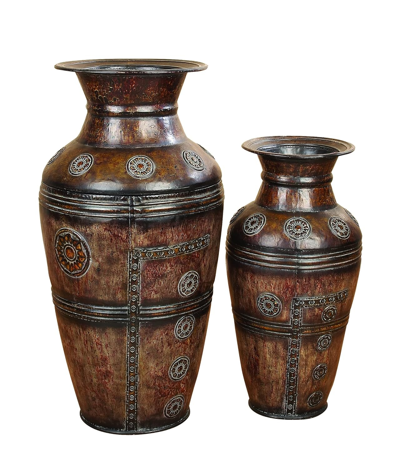 DecMode 29", 22"H Floral Indoor Outdoor Large Brown Metal Vase with Evil Eye Relief, Set of 2