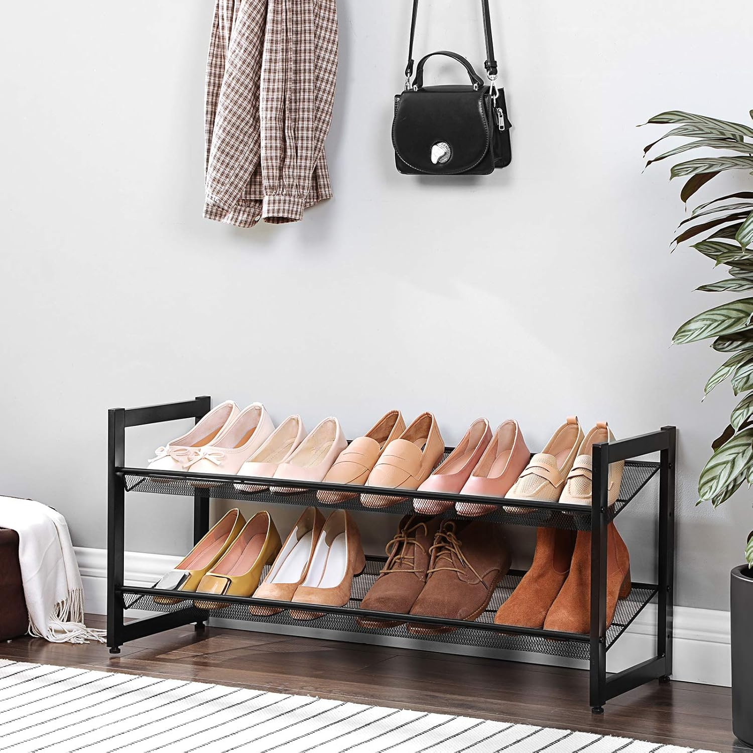 SONGMICS Shoe Rack, 2-Tier Shoe Organizer, Metal Shoe Storage for Garage, Stackable Shoe Shelf, with Adjustable Flat or Angled Shelves, 8-10 Pairs, Ink Black ULMR002B01