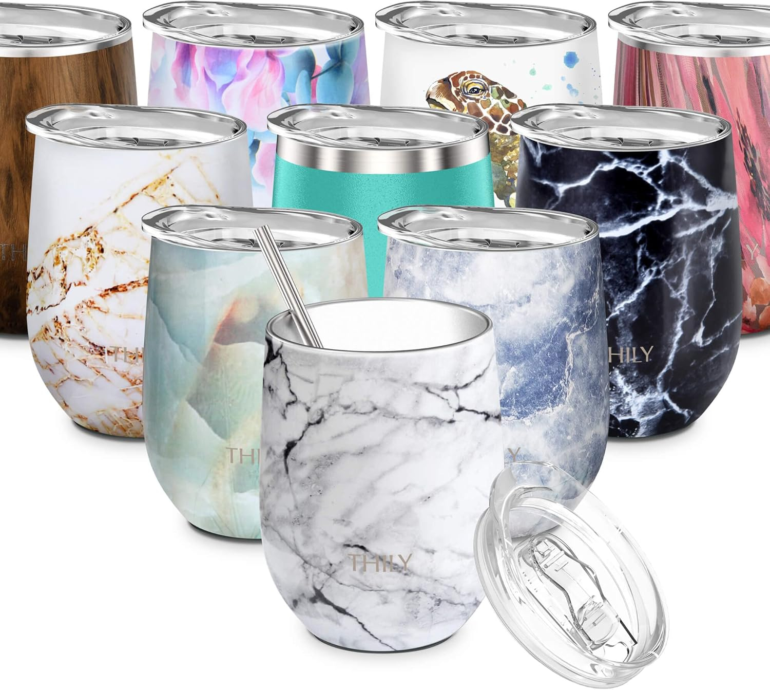 Stainless Steel Stemless Wine Tumbler - THILY 12 oz Triple-Insulated Wine Glass with Lid and Straw, Reusable Travel Coffee Cup, Keep Hot or Cold for Wine, Coffee, Beer, Juice, White Marble
