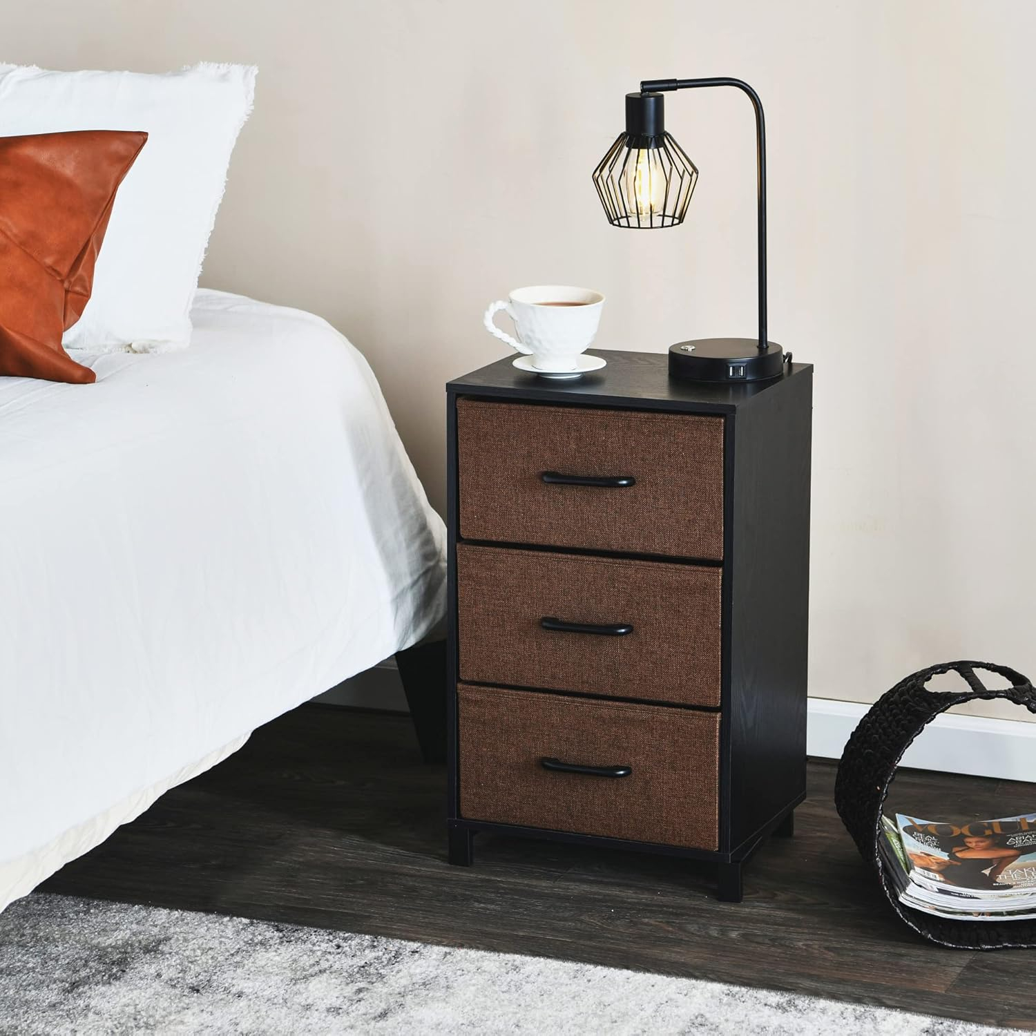 Household Essentials Dresser Nightstand Chest of Drawers Black Oak Wood Grain with 3 Brown Storage Drawers