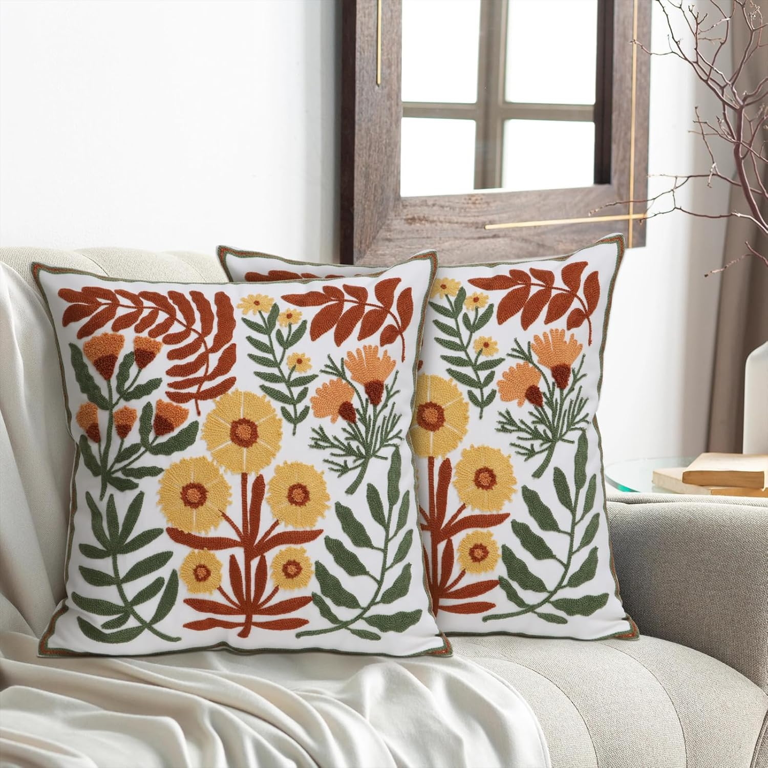 Set of 2 Embroidered Decorative Throw Pillow Covers Couch Square Pillowcases Cushion for Bedroom Sofa Farmhouse Decor 18x18 Inch (Dandelion Flower)