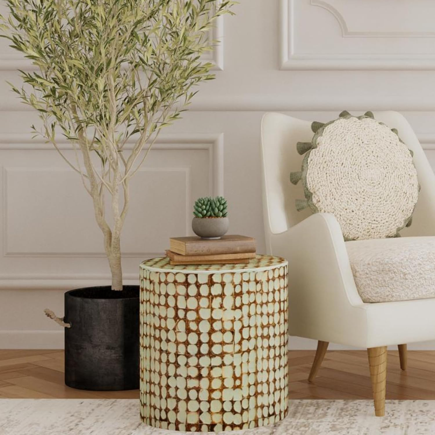 Sage Green Round Coconut Shell Mosaic Wood Side Table