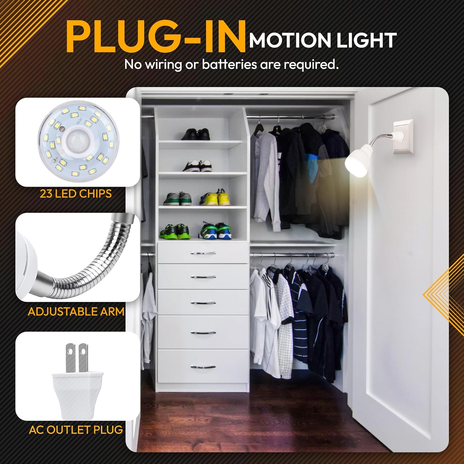 LED Motion-Activated Directional Rotating Flexible Sensor Dusk to Dawn Night Light AC Outlet Plug-in Wall Stair Lamp Indoor 360° Bedroom Hallway Stairway Garage Basement Corridor