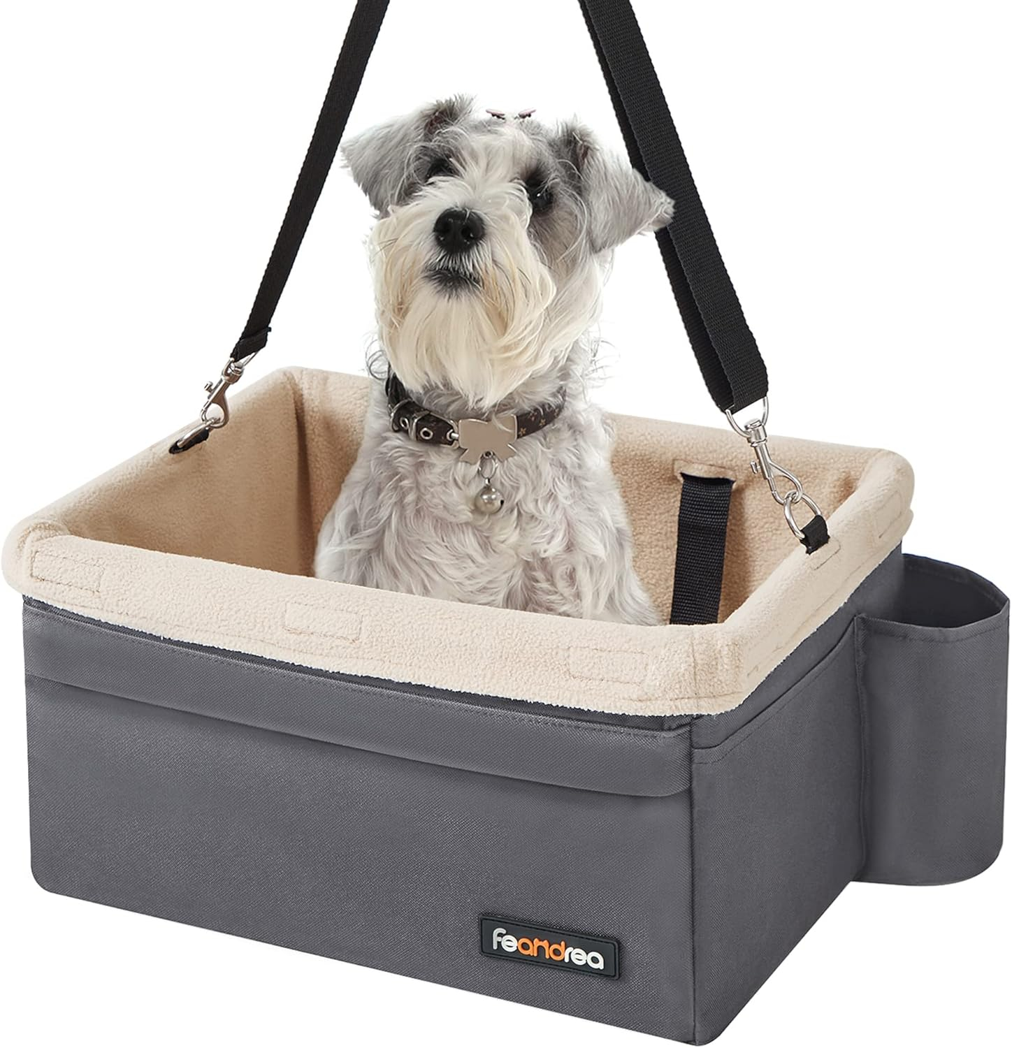 Feandrea Dog Car Seat, Pet Booster Seat for Small Dogs up to 18 lb, with Adjustable Straps, Removable Washable Fleece Liner, 4 Pockets, for Front Seats, Back Seats, Gray and Beige UPBS042G01