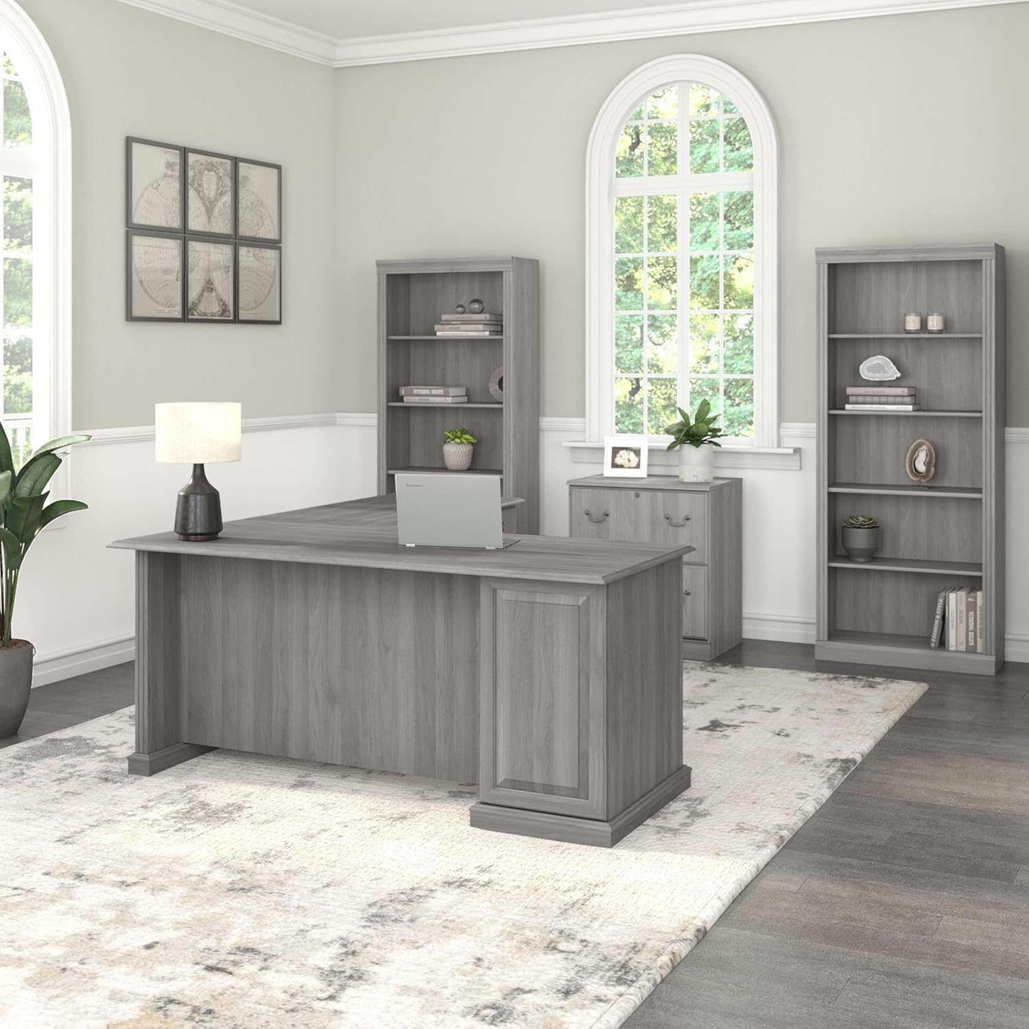 Modern Gray Engineered Wood L-Shaped Desk Set with Bookcases and File Cabinet