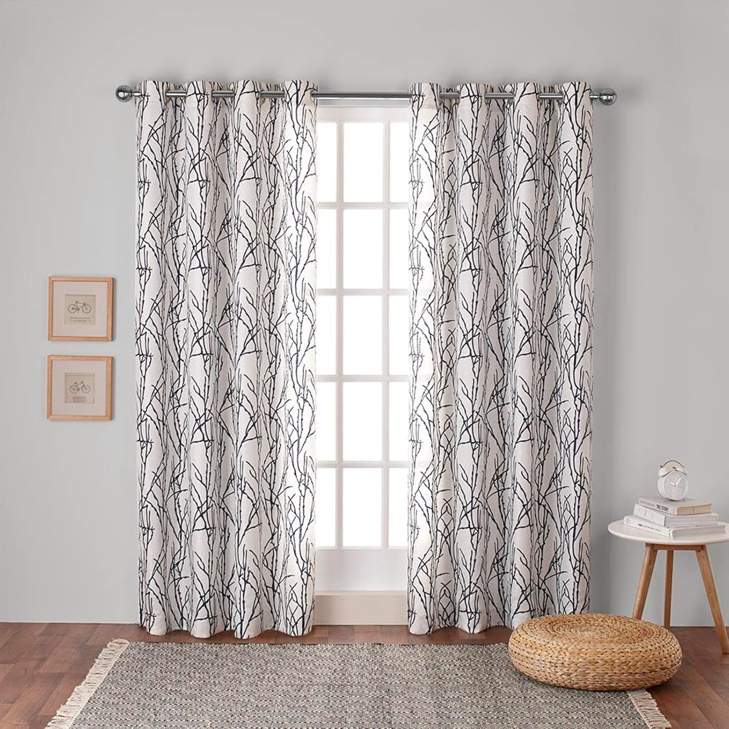 EXCLUSIVE HOME Branches Linen Blend Grommet Top Curtain Panel Pair, 54"x63", Indigo