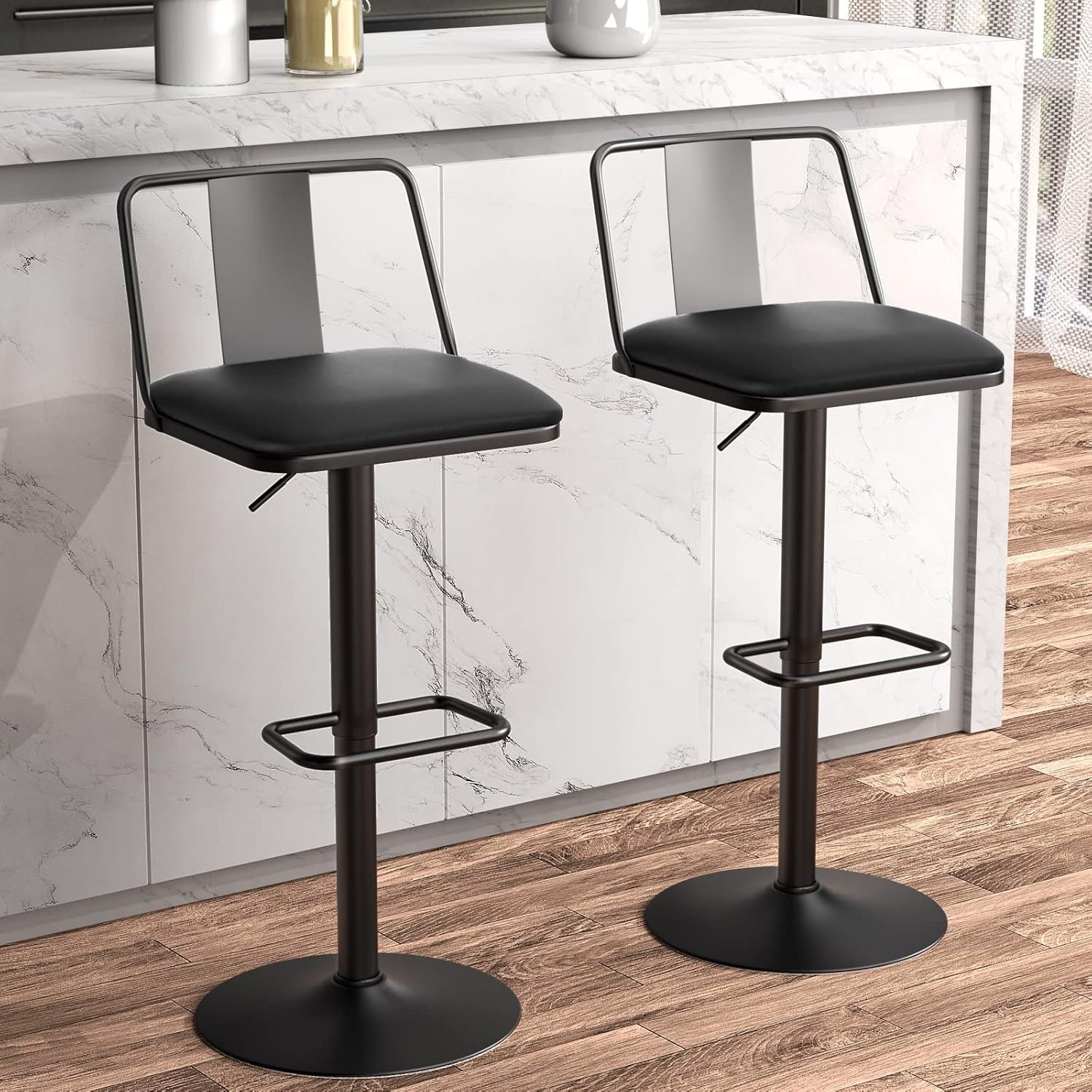 Metal Swivel Barstools Set of 2, Enlarged PU Leather Seat with Metal Back, Adjustable from 24" to 33" for Counter Height & Bar Height, Modern Design for Kitchen and Restaurant,MatteBlack