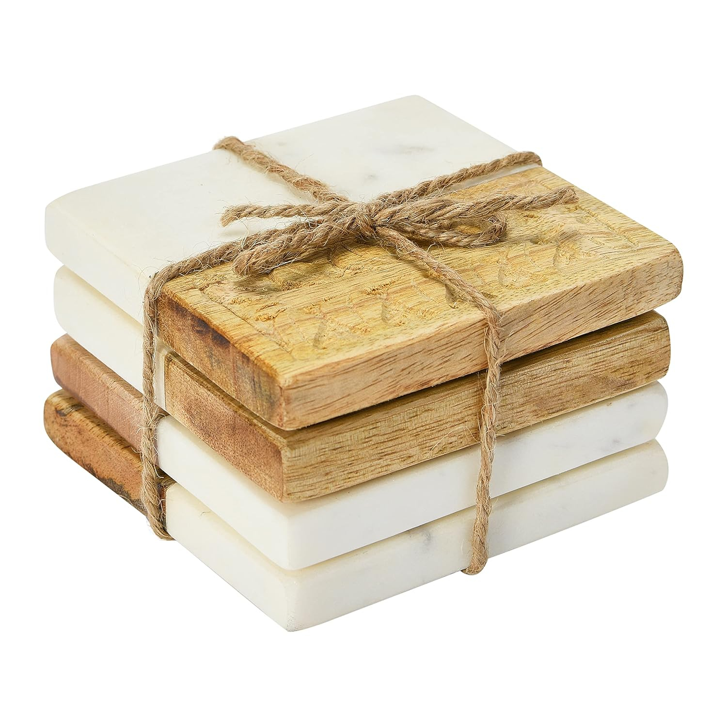 Creative Co-Op Hand-Carved Engraved Mango Wood Square Trivets for Dining Table Coaster, Set of 4, White & Natural