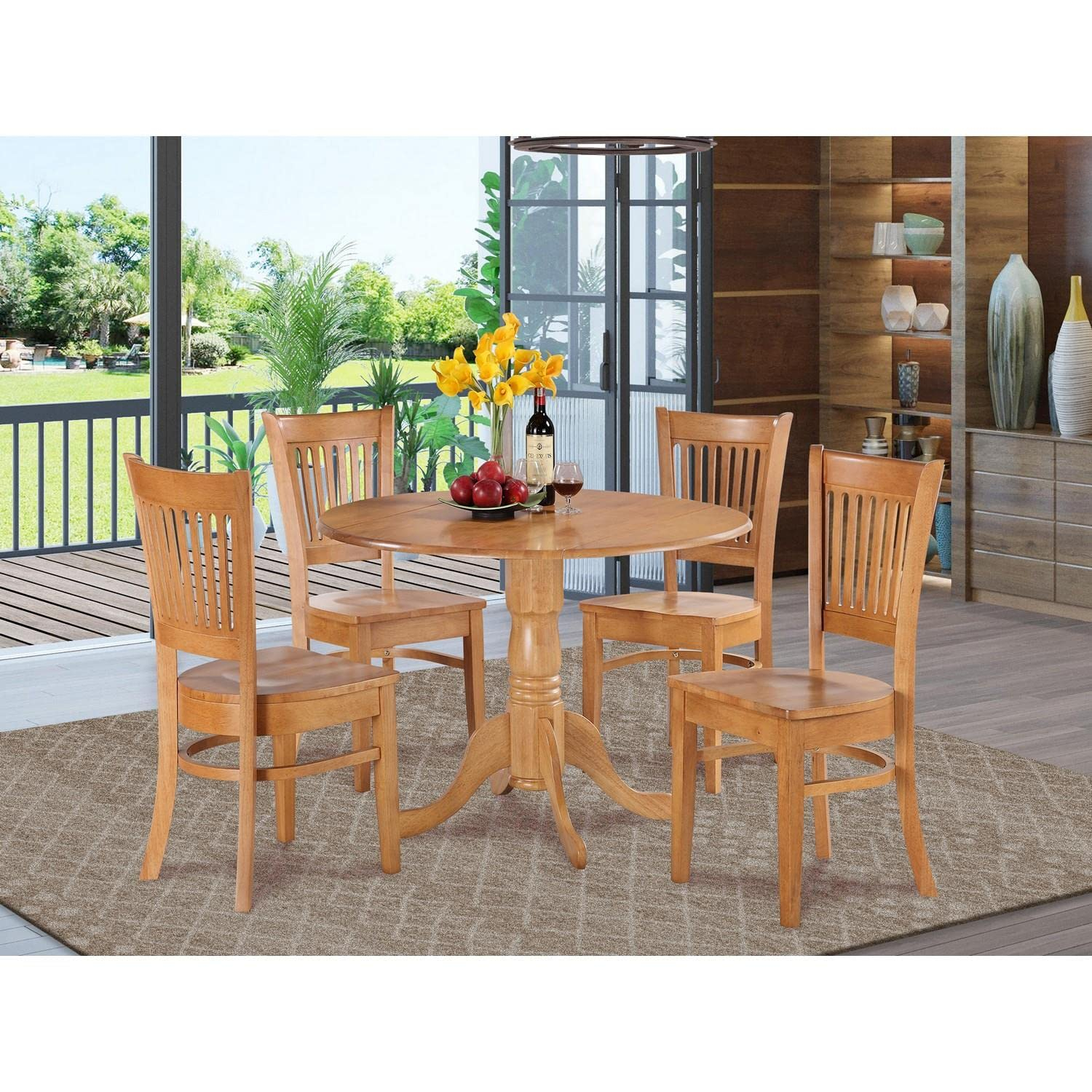 East West Furniture DLVA5-OAK-W 5 Piece Modern Dining Table Set Includes a Round Wooden Table with Dropleaf and 4 Dining Room Chairs, 42x42 Inch, Oak