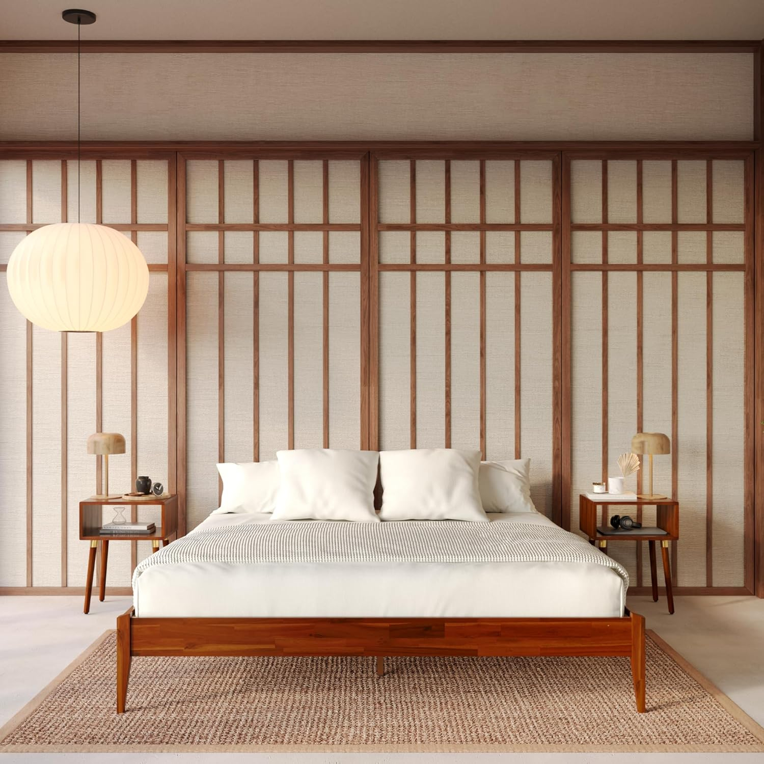 King Size Polished Pine Wood Platform Bed Frame with Headboard