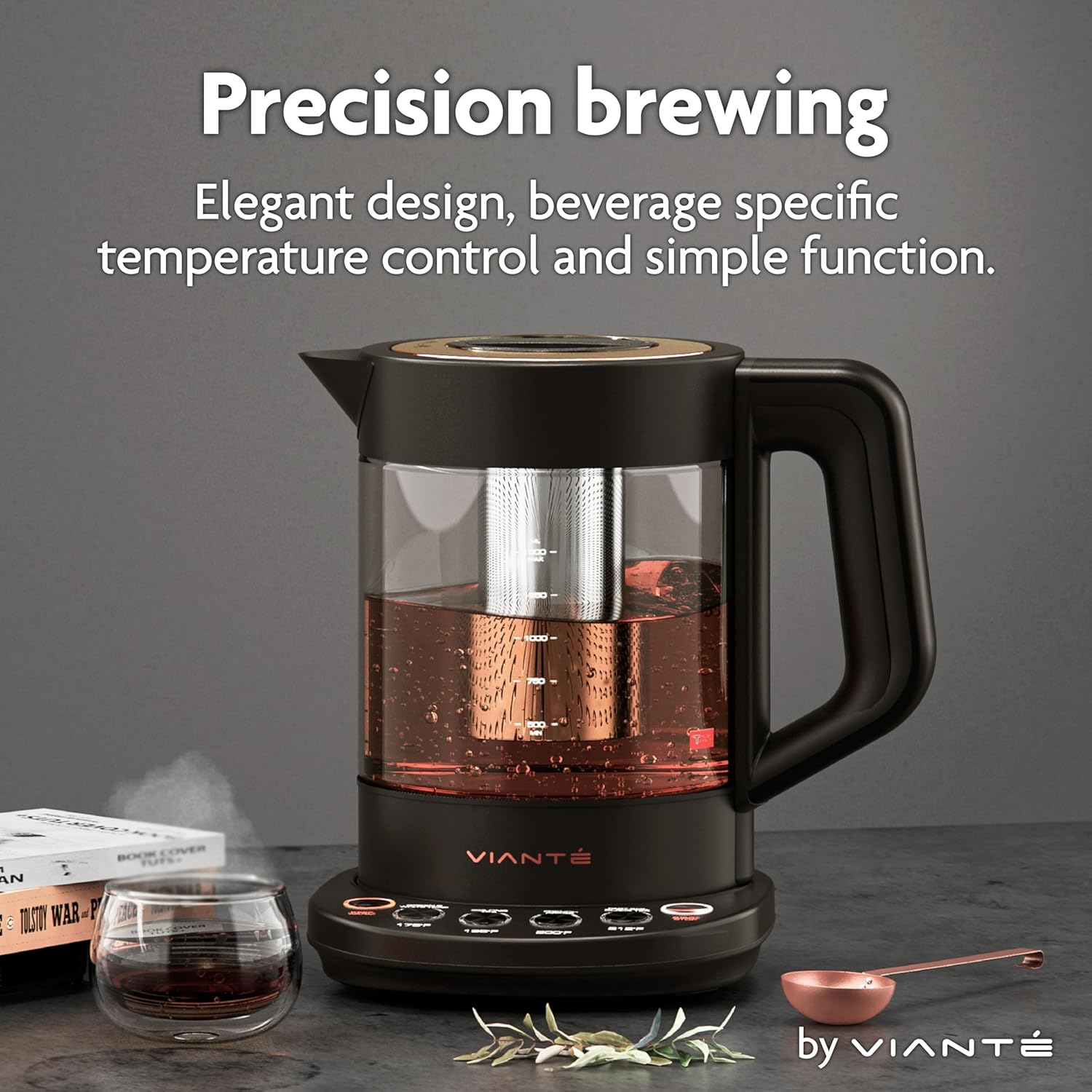 PENGFEI Viante Electric Kettle With Tea Infuser. Hot Tea Maker With Temperature Control And Automatic Shut Off. 1.5 Liter Capacity | Black Color