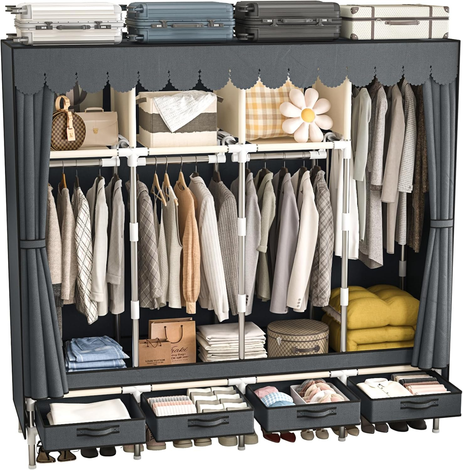 Large Portable Wardrobe with 4 Hanging Rods and Drawers, Armoire, Metal Storage Wardrobe Hangers, Upgraded Grey Non-Woven Dust Cover for Handing Closet,Large Closets for Bedroom