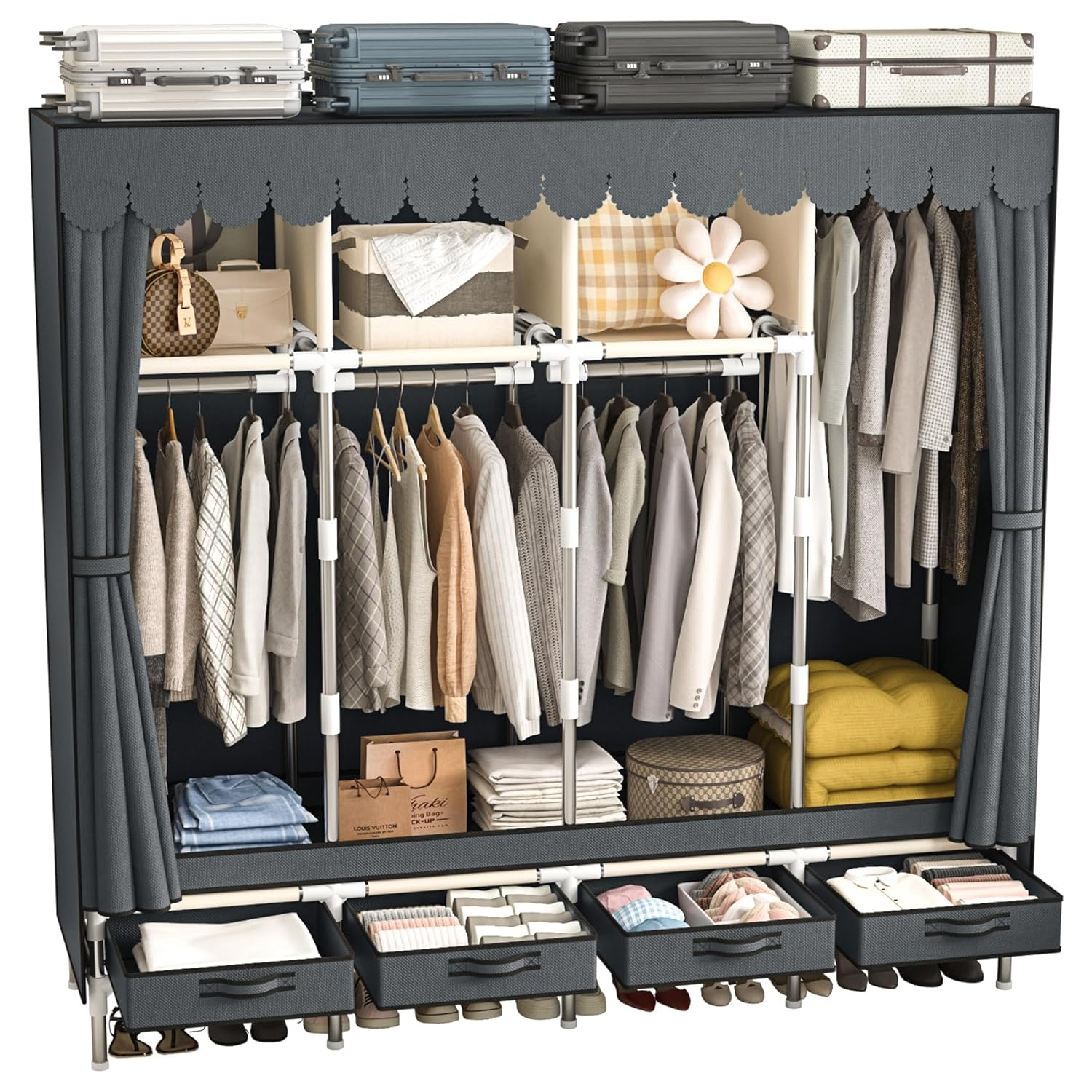 Large Portable Wardrobe with 4 Hanging Rods and Drawers, Armoire, Metal Storage Wardrobe Hangers, Upgraded Grey Non-Woven Dust Cover for Handing Closet,Large Closets for Bedroom